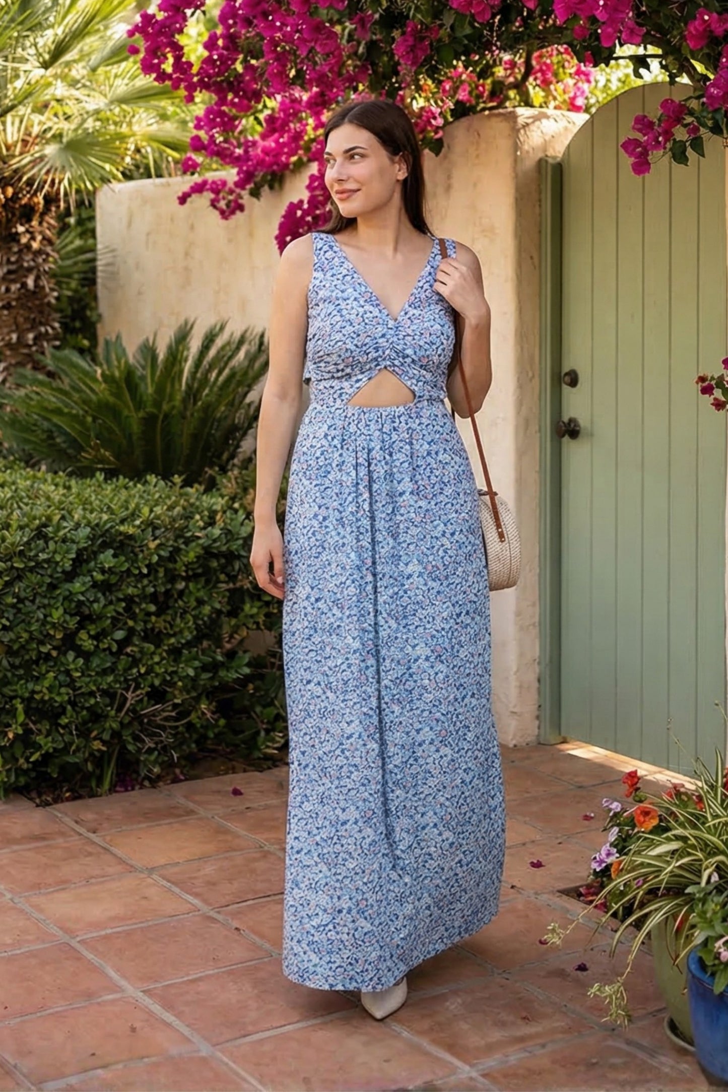 Blue Ditsy Print Back Knot Dress