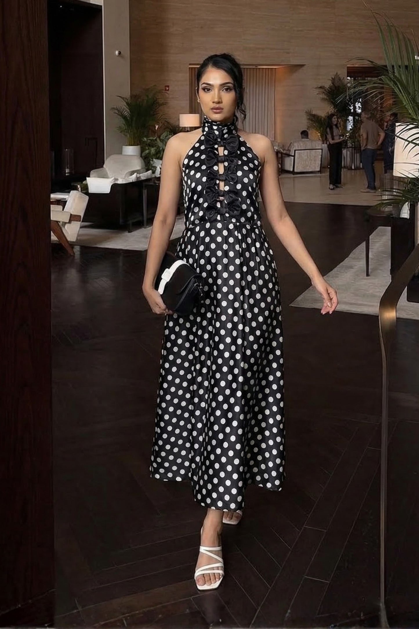Polka Halter- Neck Bow Midi Dress