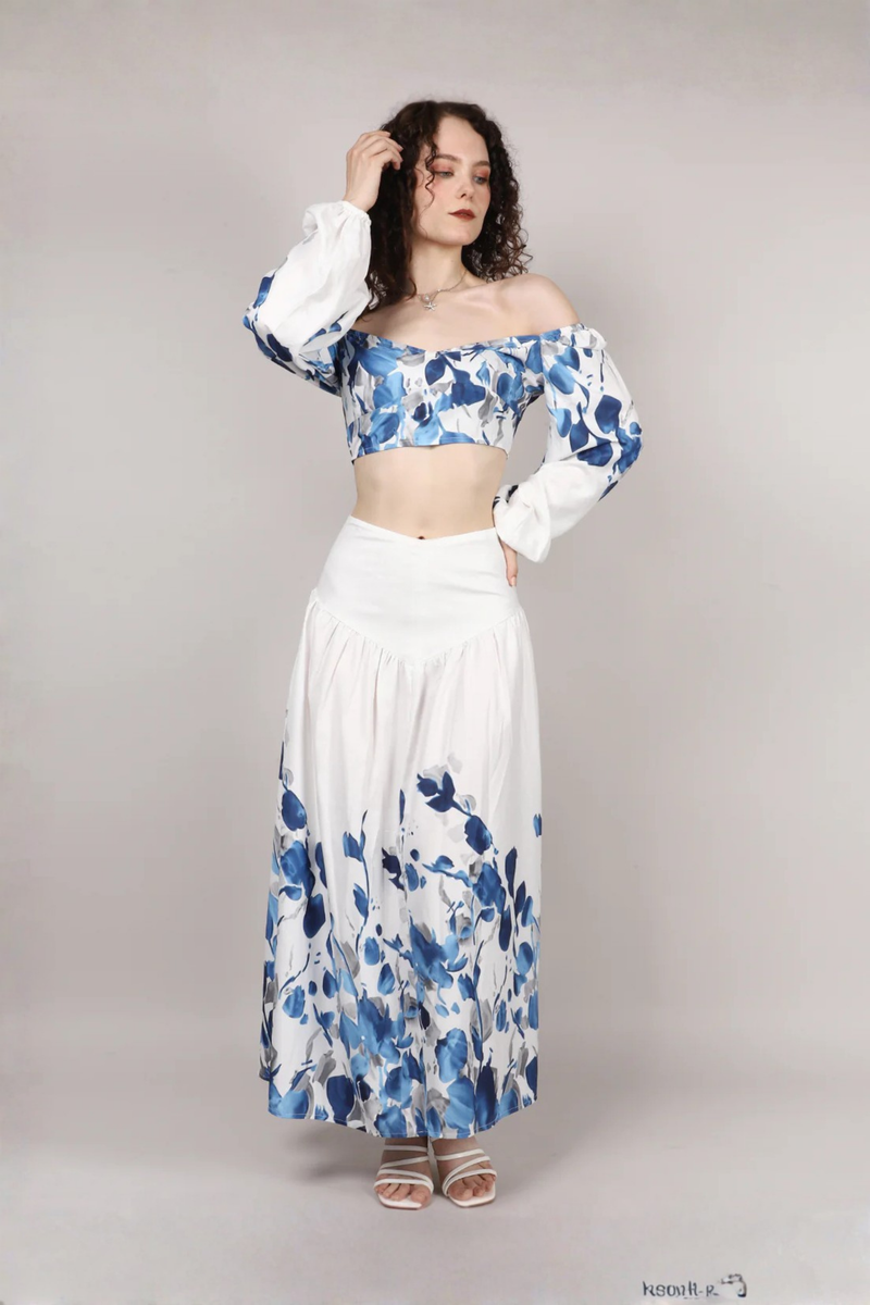 White Leaf Print Top With Skirt Cord Set