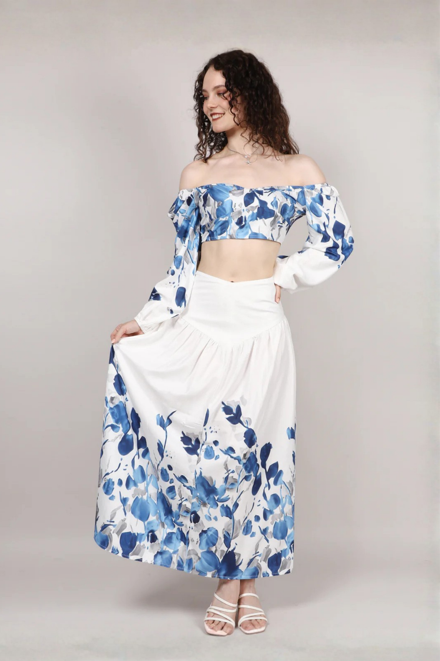 White Leaf Print Top With Skirt Cord Set