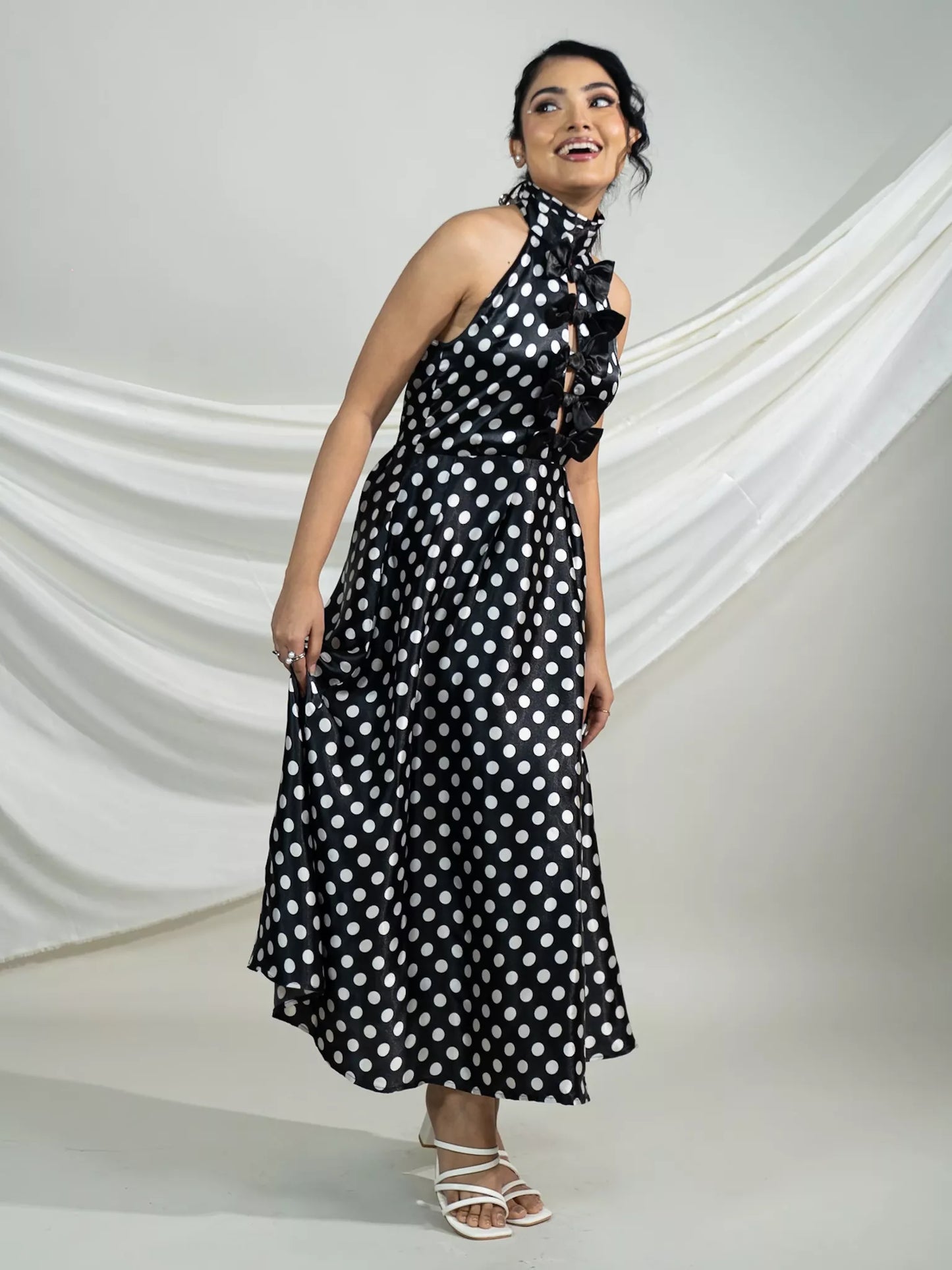 Polka Halter- Neck Bow Midi Dress
