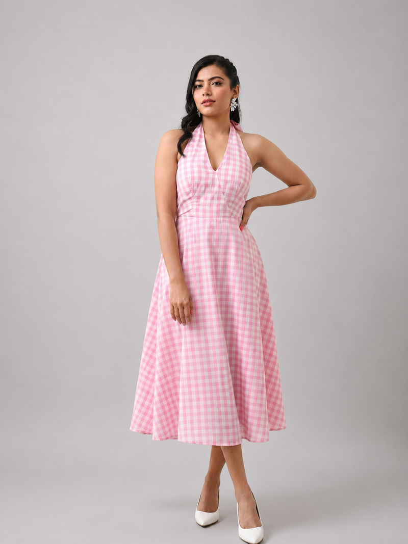Gingham Halter Neck Flared Dress