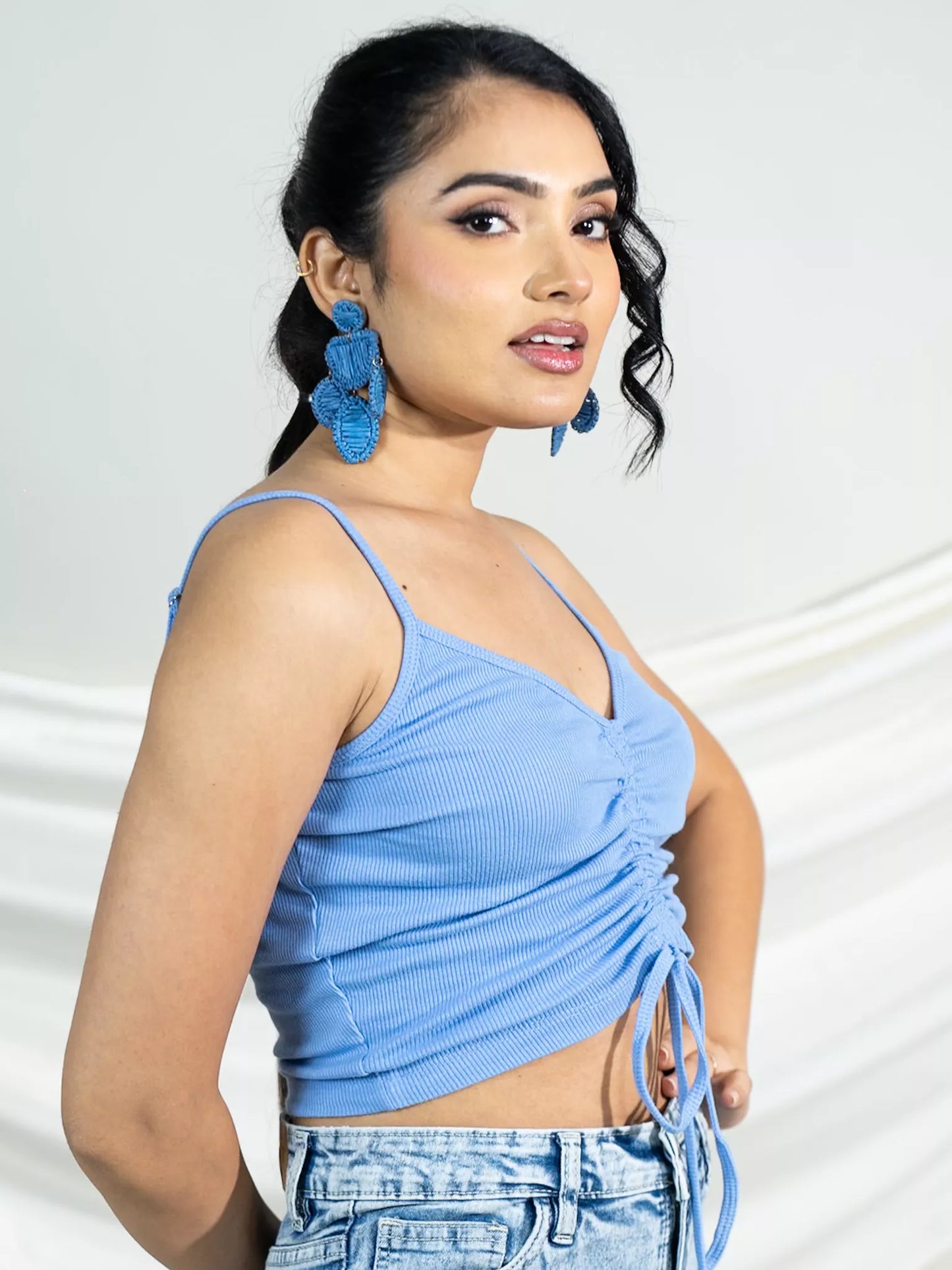 Blue Front Ruched Rib Top