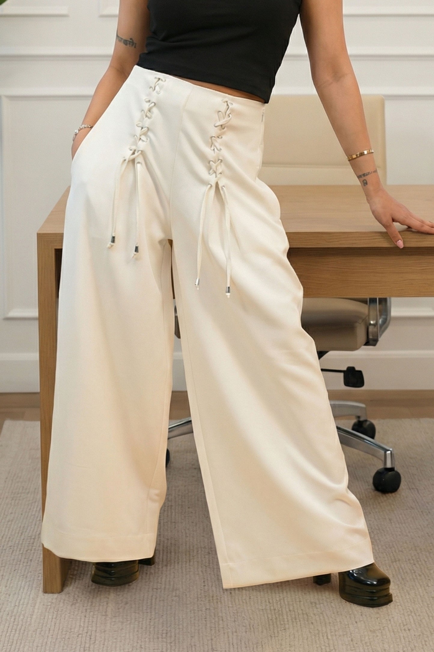 White Lace-Up Trousers
