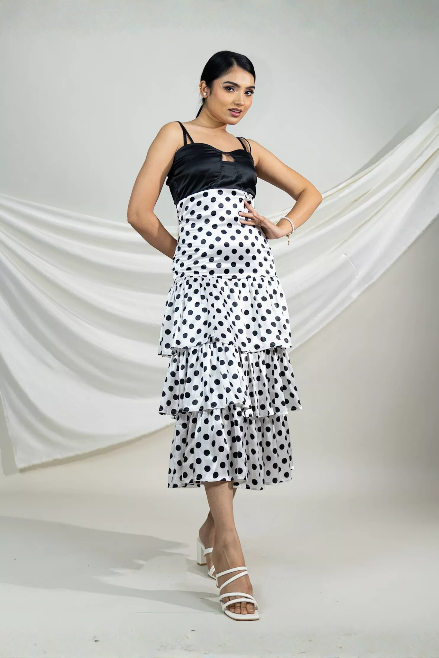 Monochrome Polka Tiered Midi Dress