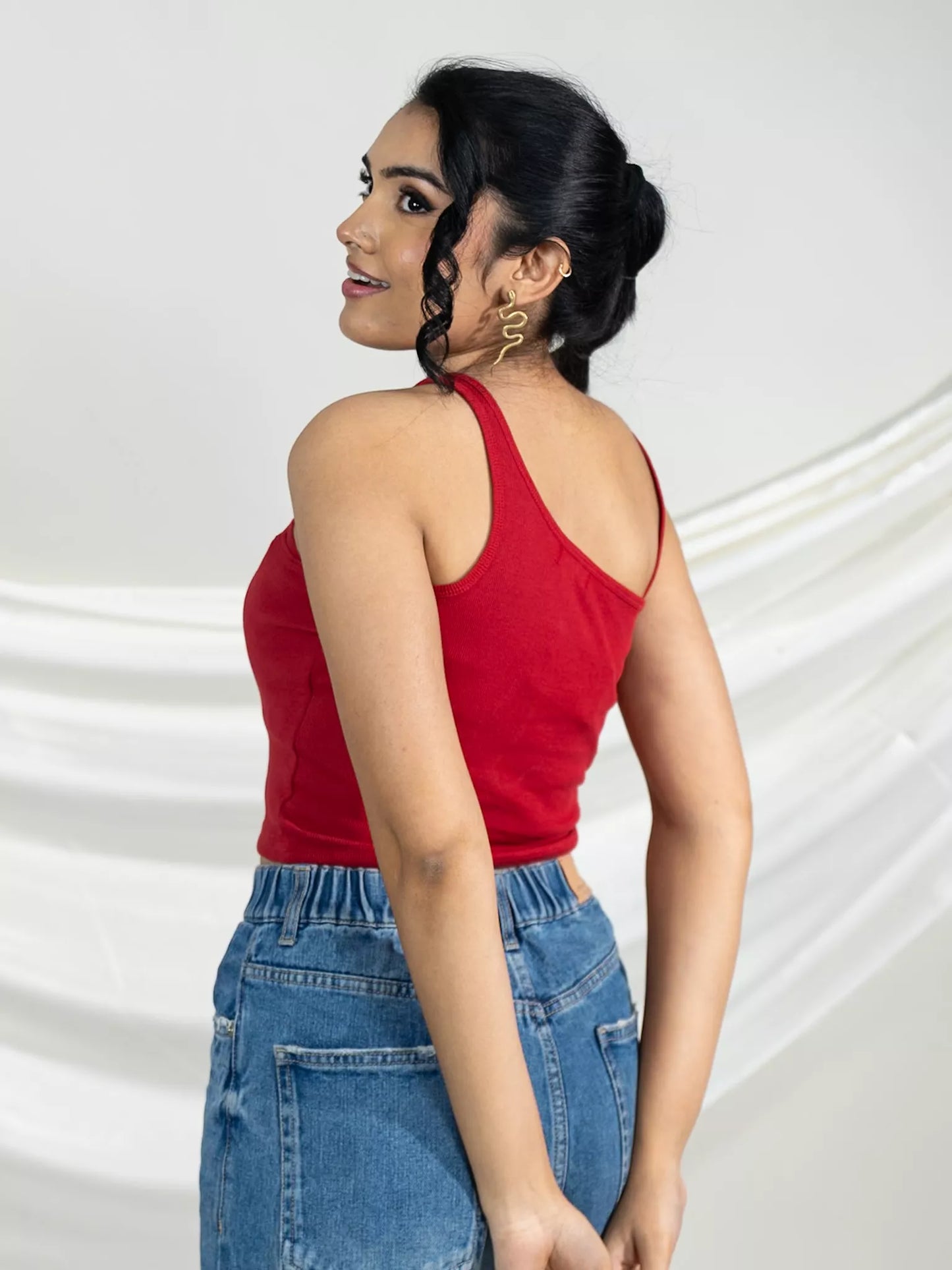 Red One Shoulder Rib Tank Top