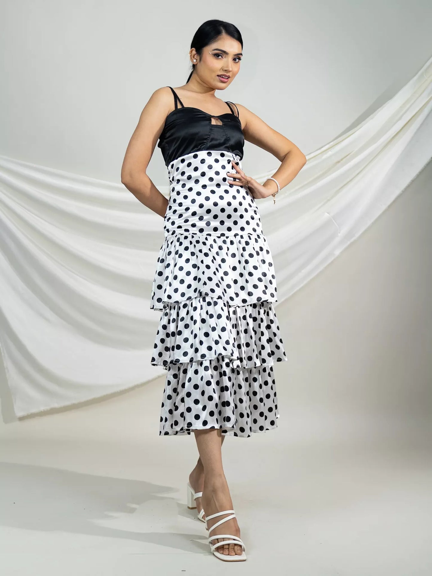 Monochrome Polka Tiered Midi Dress