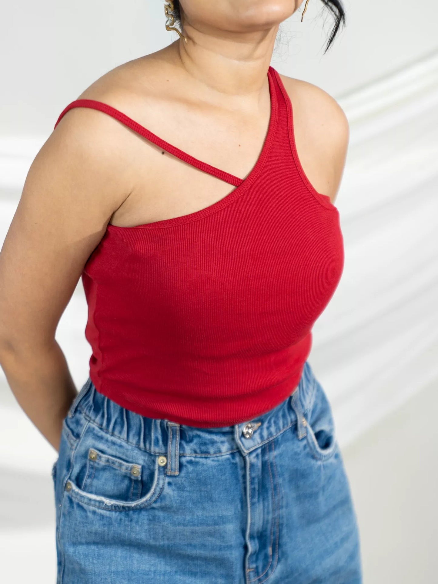 Red One Shoulder Rib Tank Top