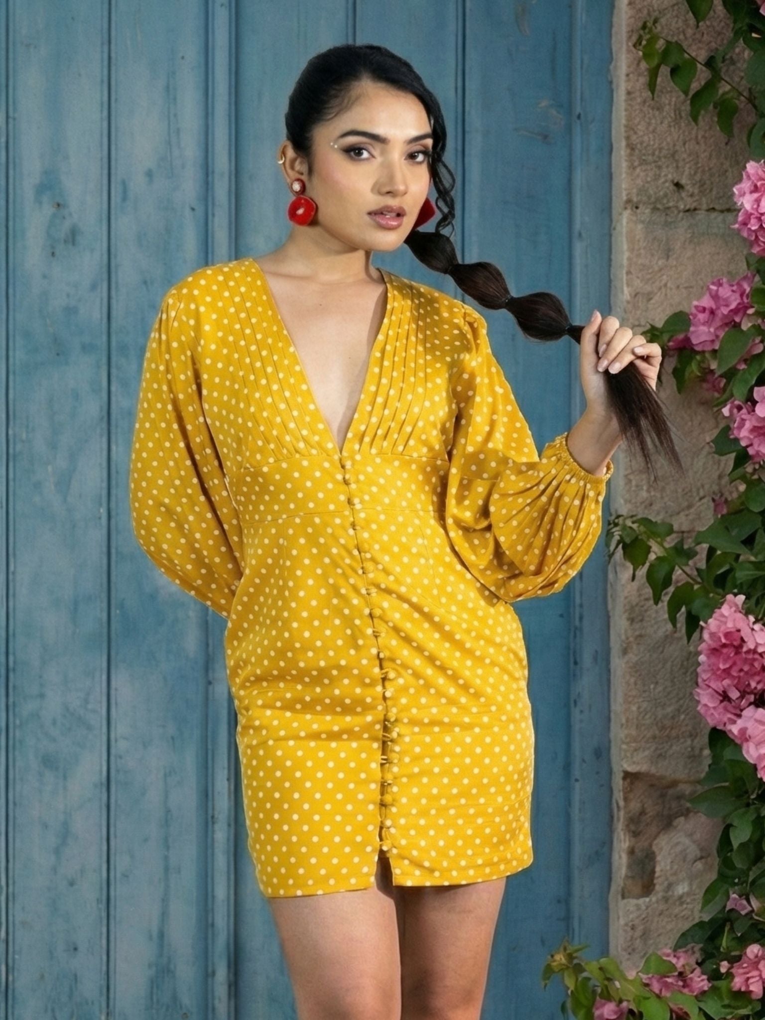 princess polly baby blue dress ASOS DESIGN 70's super plunge flare sleeve rib midi bodycon dress in mustard