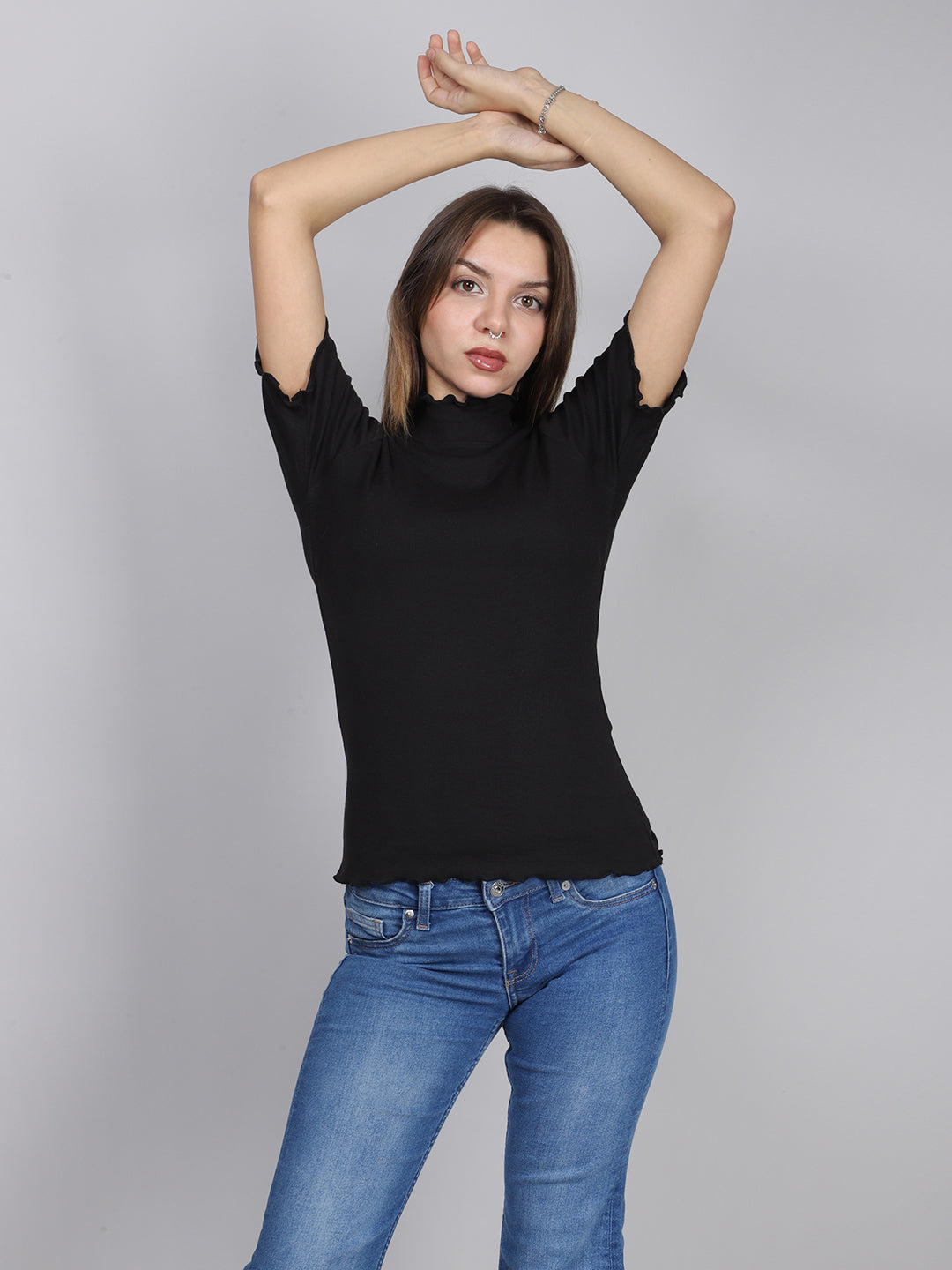 Black Half Sleeve Rib Top