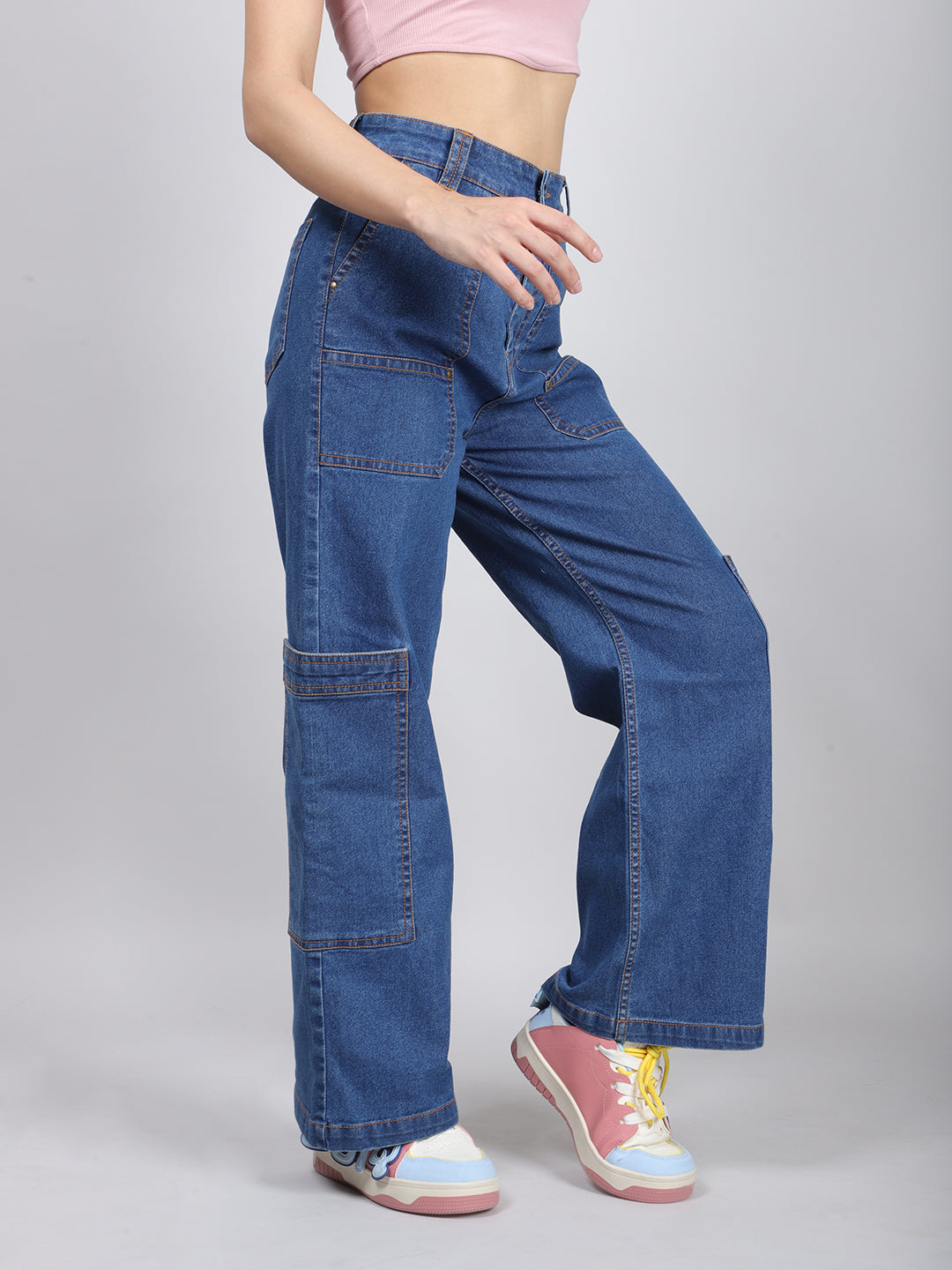 Blue Straight-Leg Denim Cargo Jeans