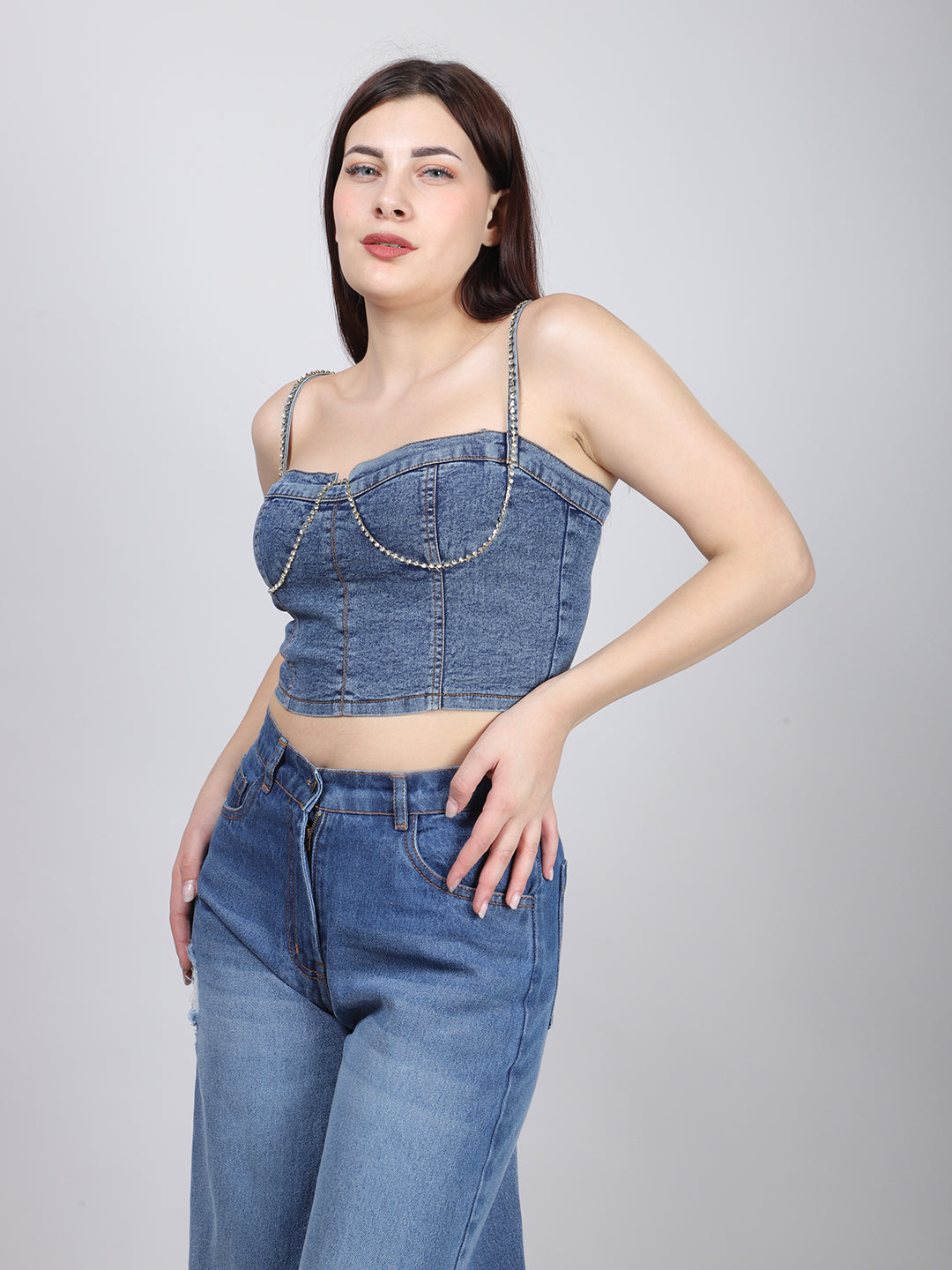 RHINESTONE EMBELLISHED DENIM CORSET