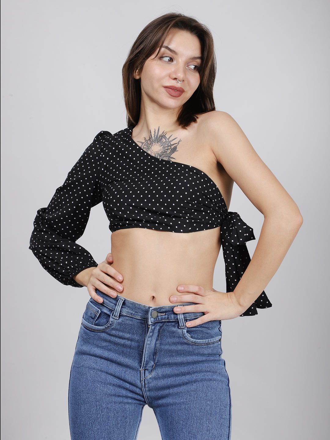 Black One Shoulder Side Knot Top
