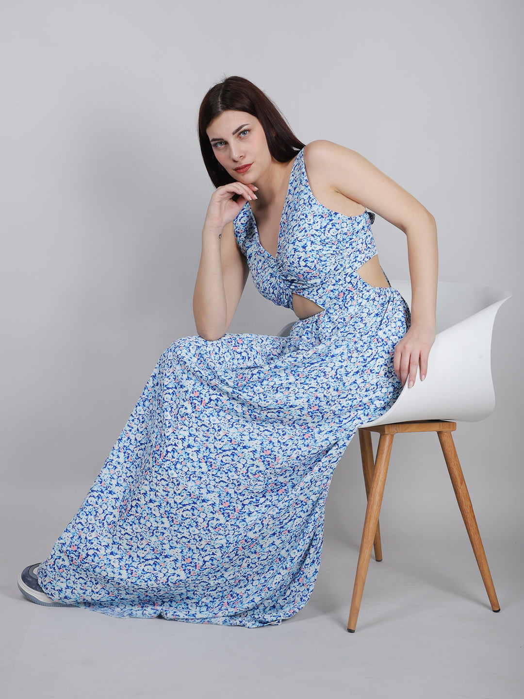 Blue Ditsy Print Back Knot Dress