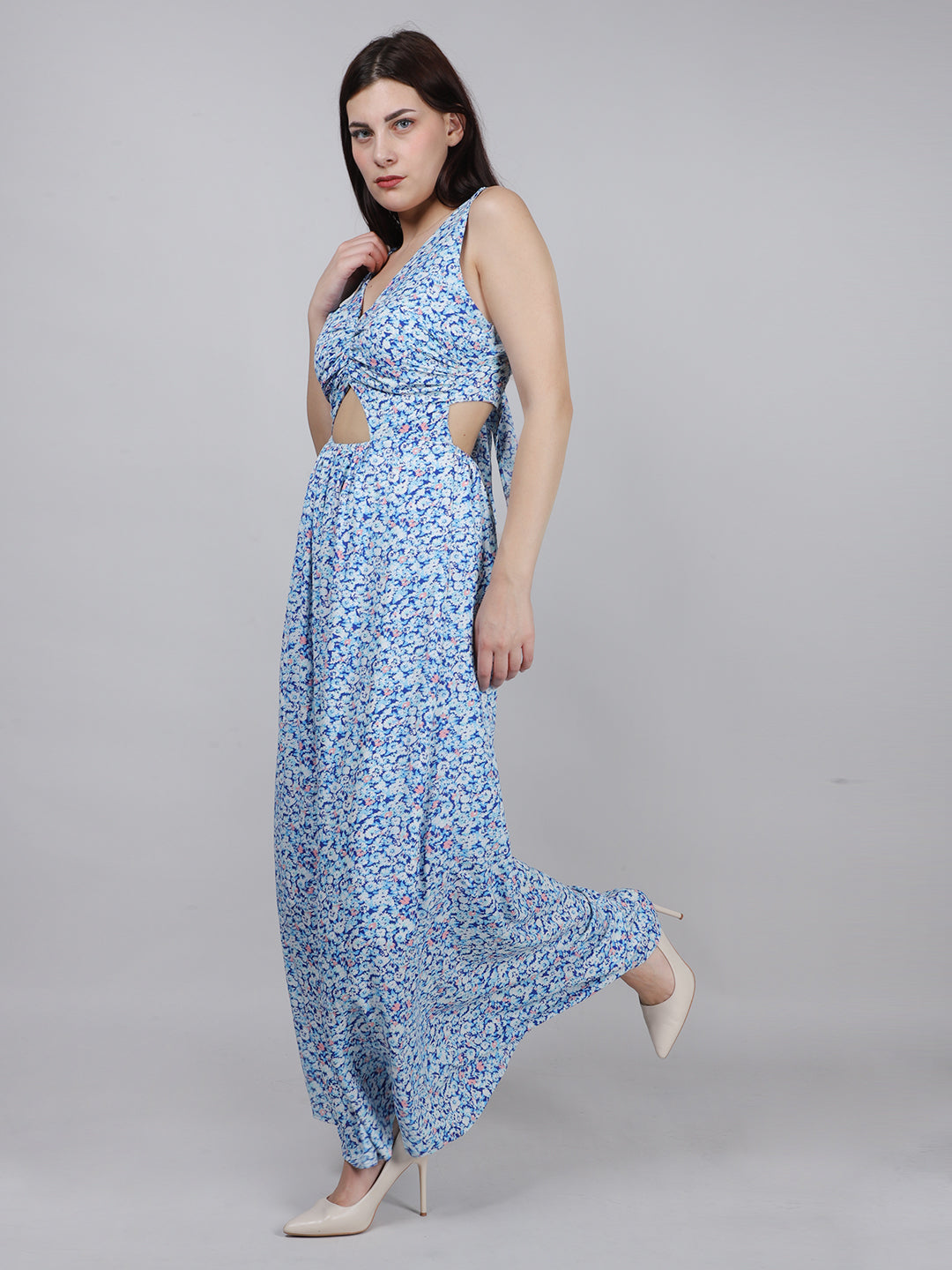 Blue Ditsy Print Back Knot Dress