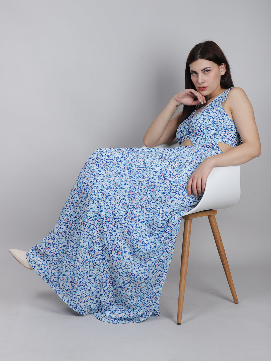 Blue Ditsy Print Back Knot Dress