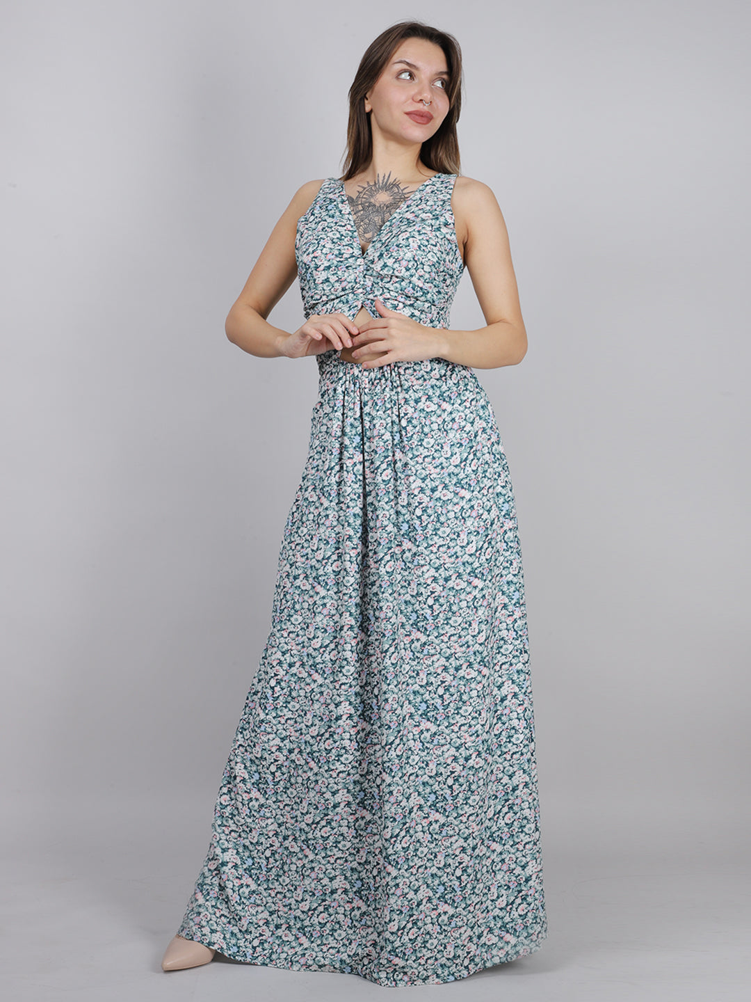 Green Ditsy Back Knot Dress