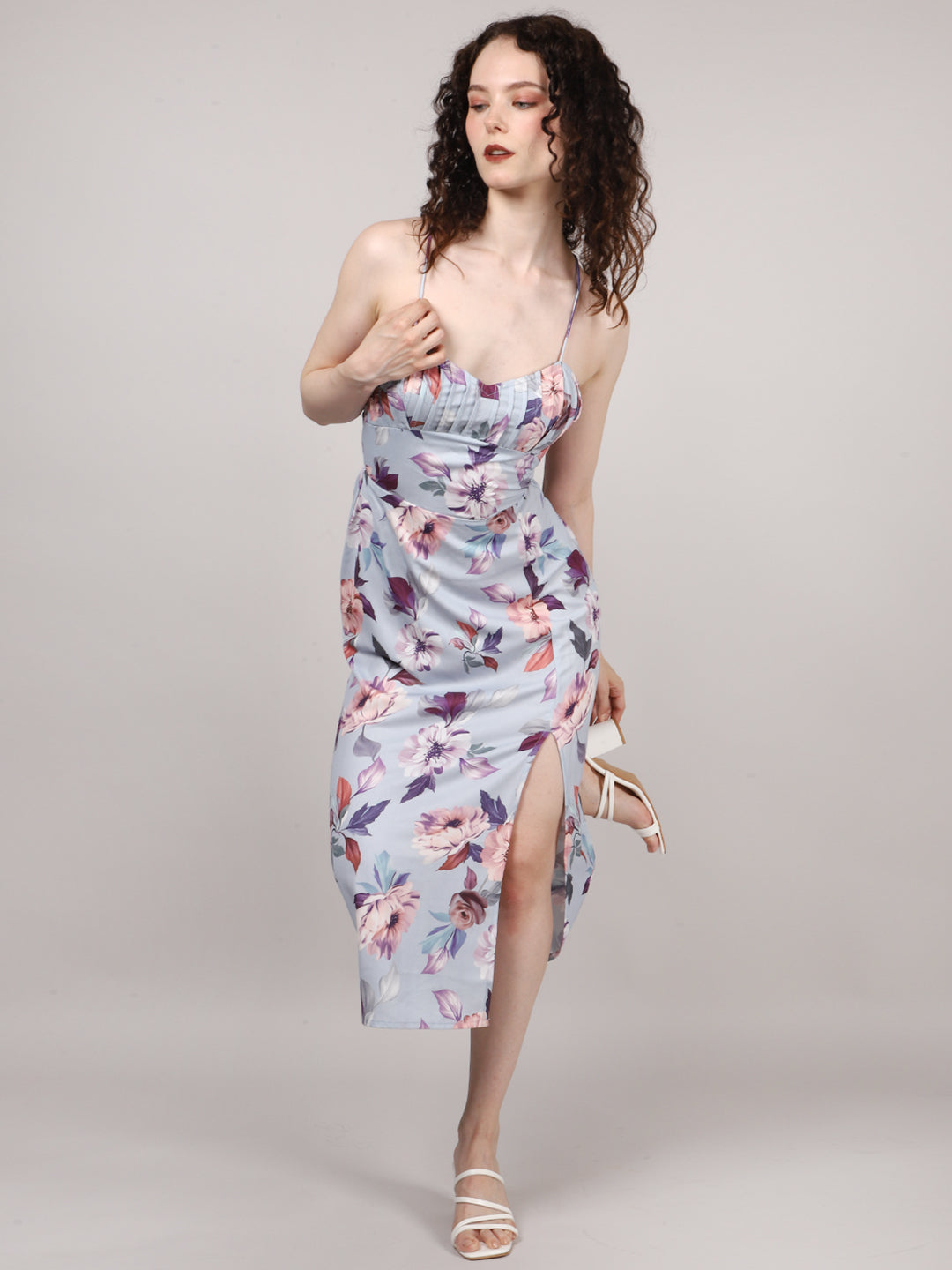 Blue Front Pleat Midi Dress