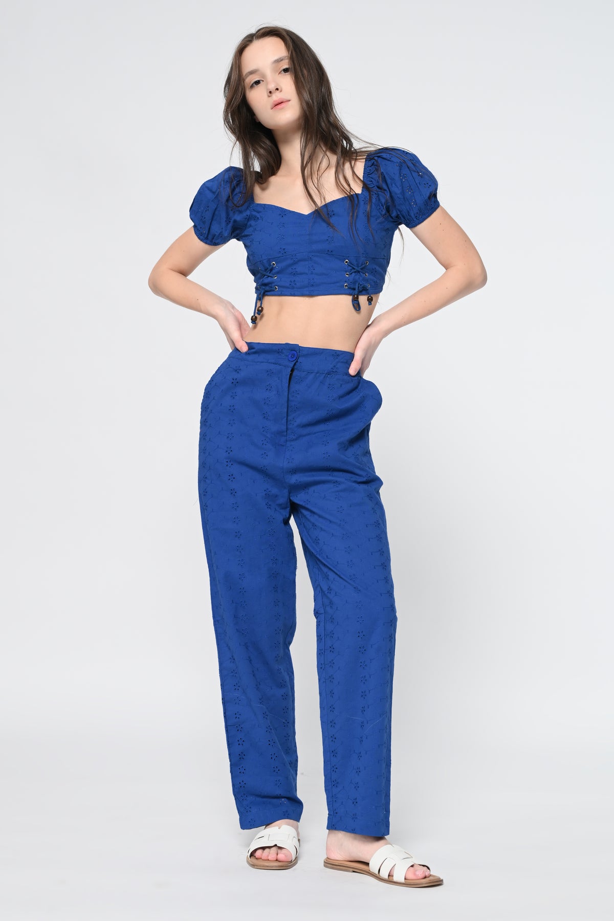 Blue Schiffli Puff Sleeve Crop Top