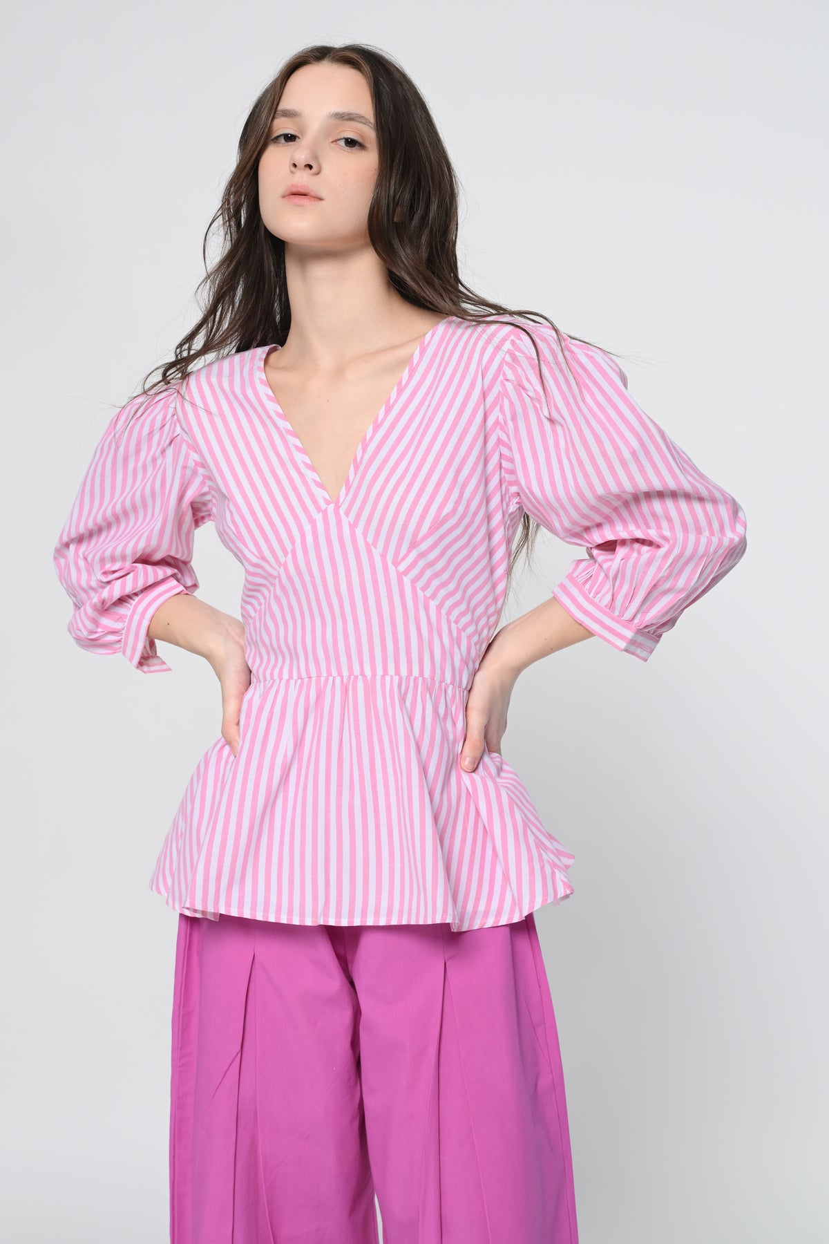 Playful Stripe Peplum Top & Wide-Leg Pants Co-Ord Set