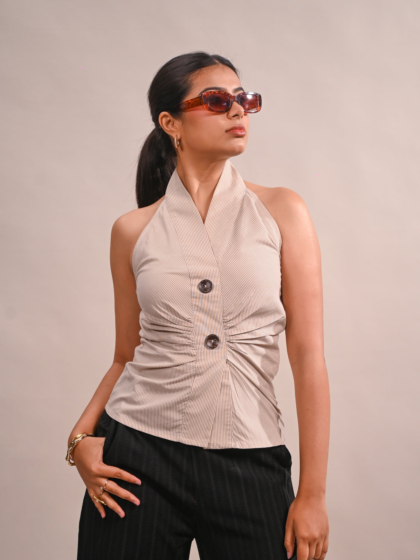 Nude Pinstripe Halter Neck Top