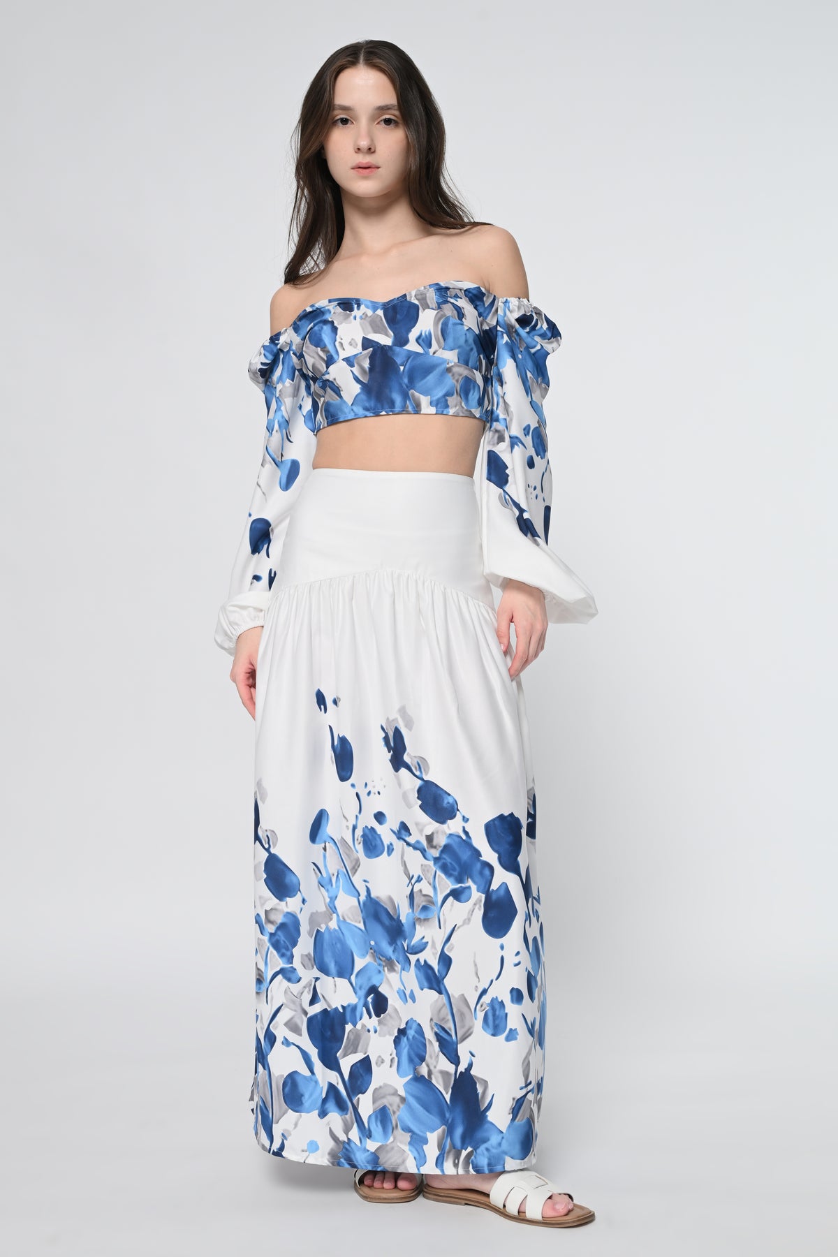 White Leaf Print Top With Skirt Cord Set