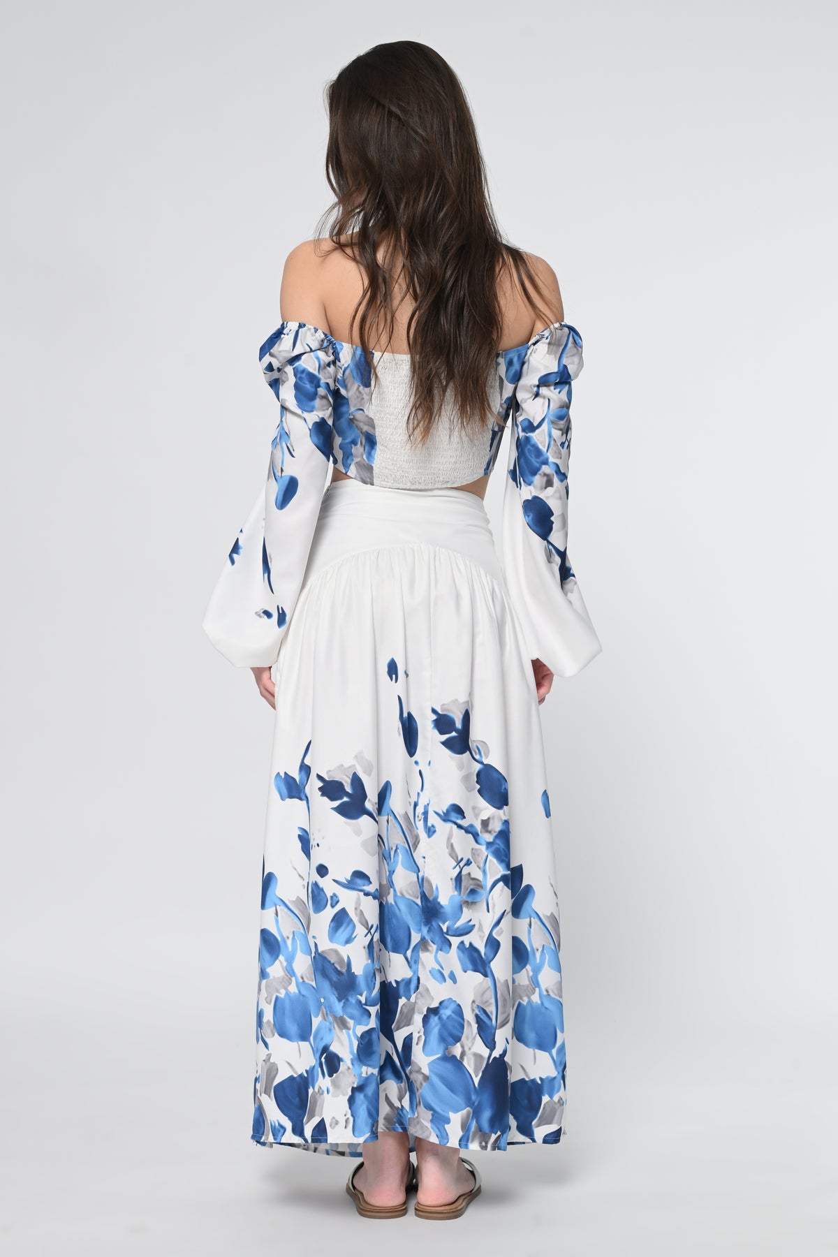 White Leaf Print Top With Skirt Cord Set