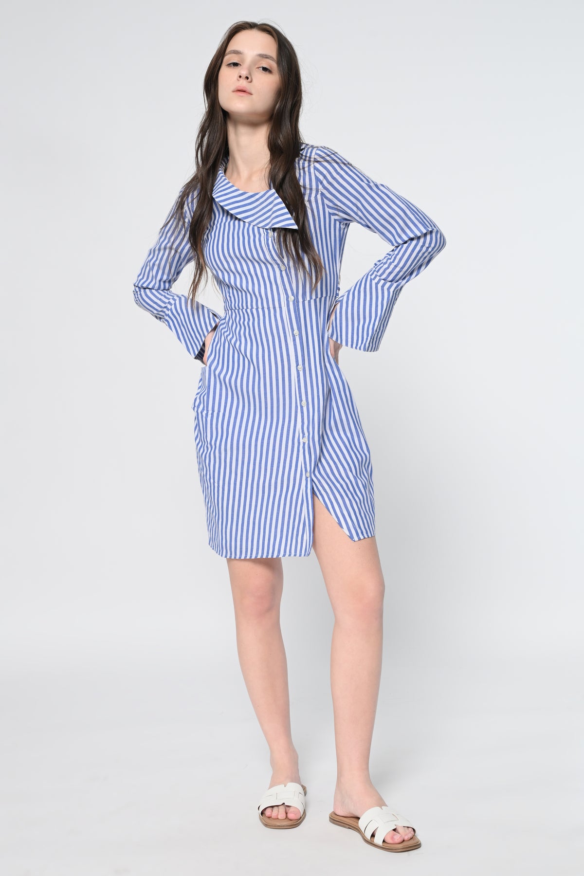 Asymmetric Collar Striped Shirt Dress