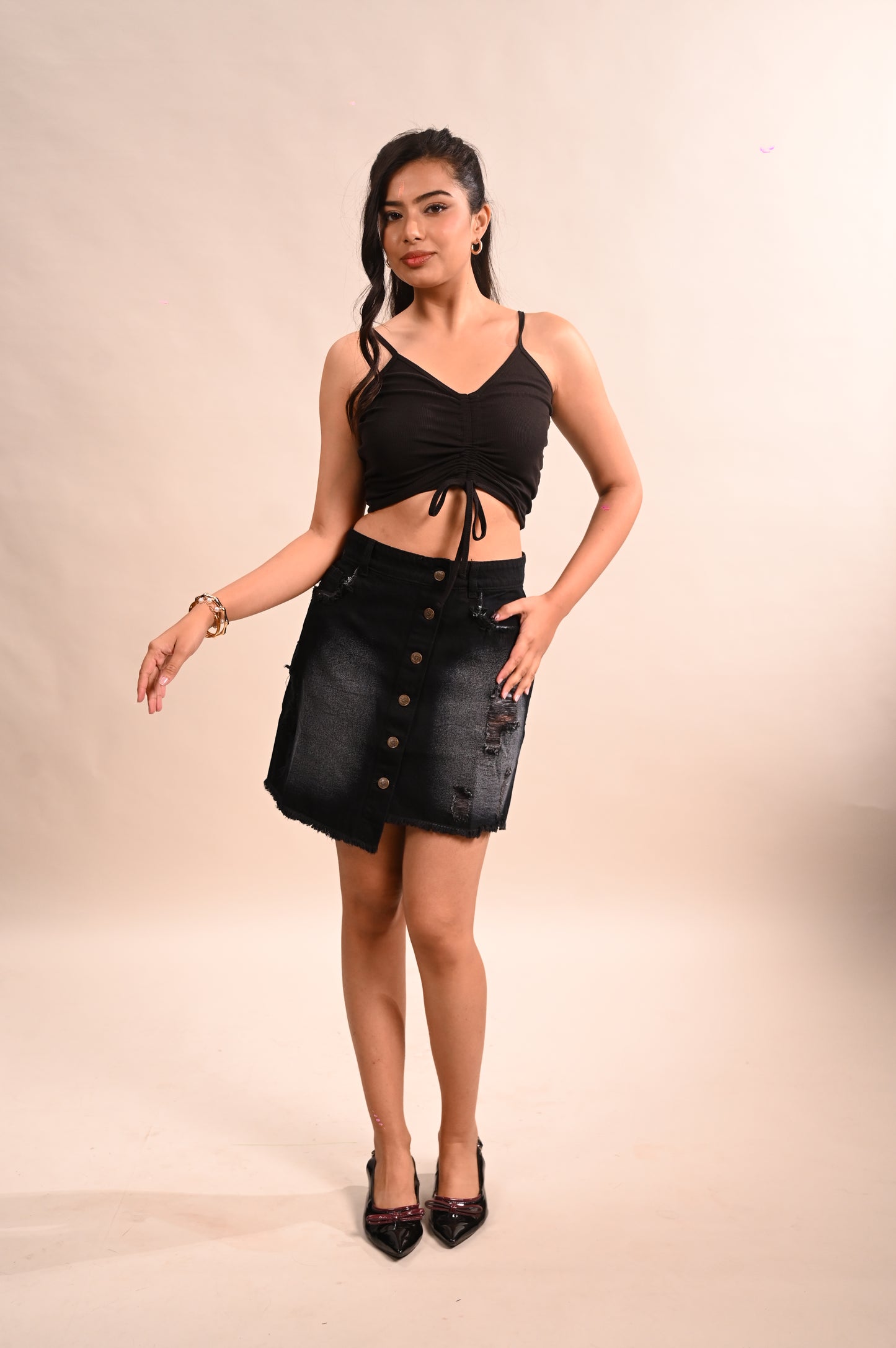 Front Button Rugged Black Mini Skirt