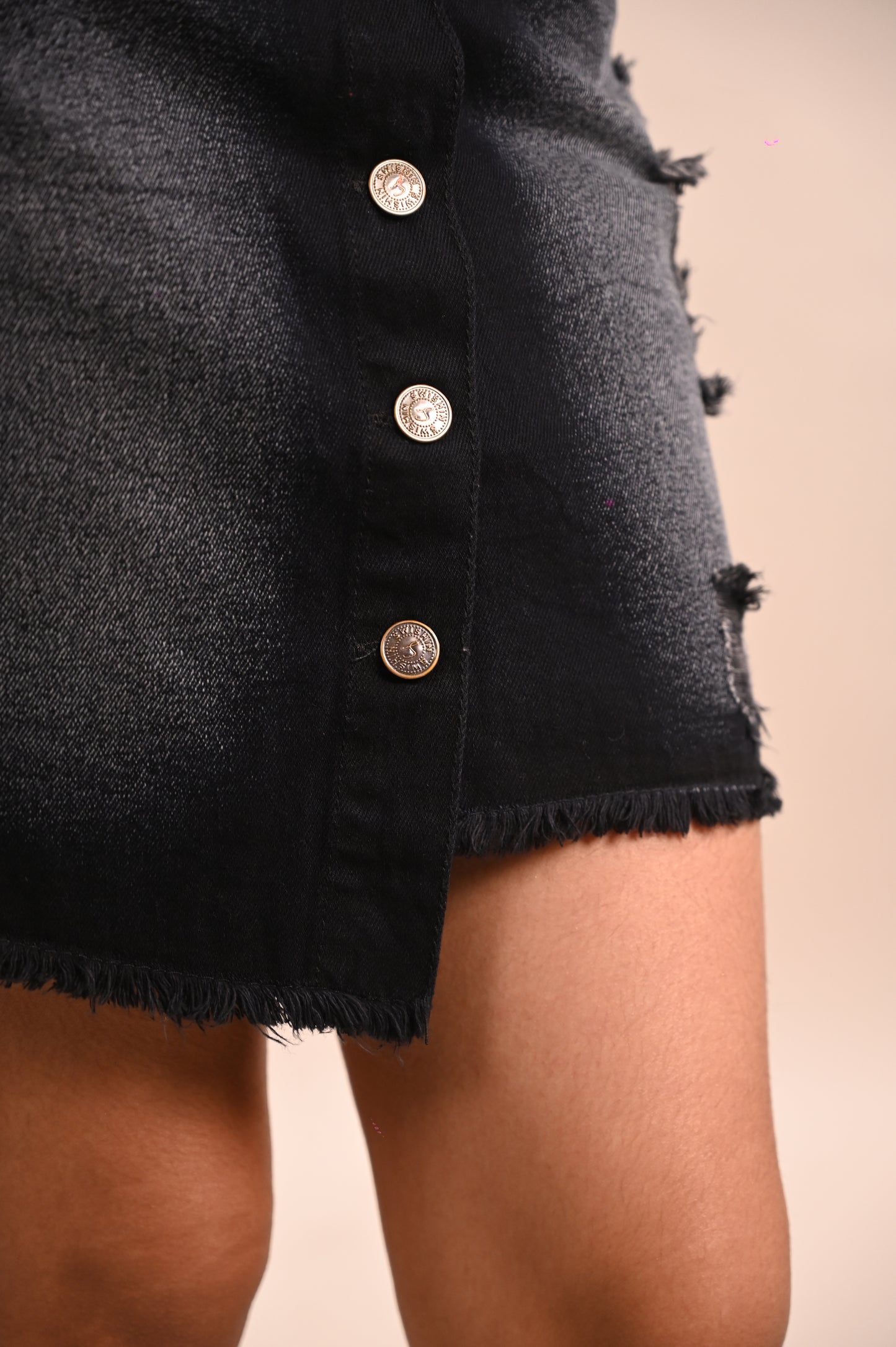 Front Button Rugged Black Mini Skirt