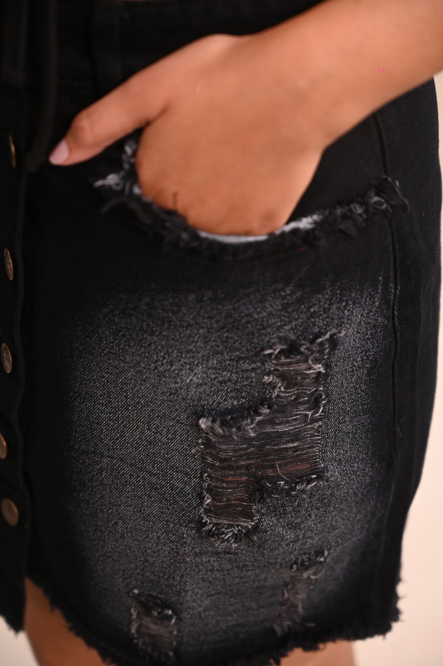 Front Button Rugged Black Mini Skirt