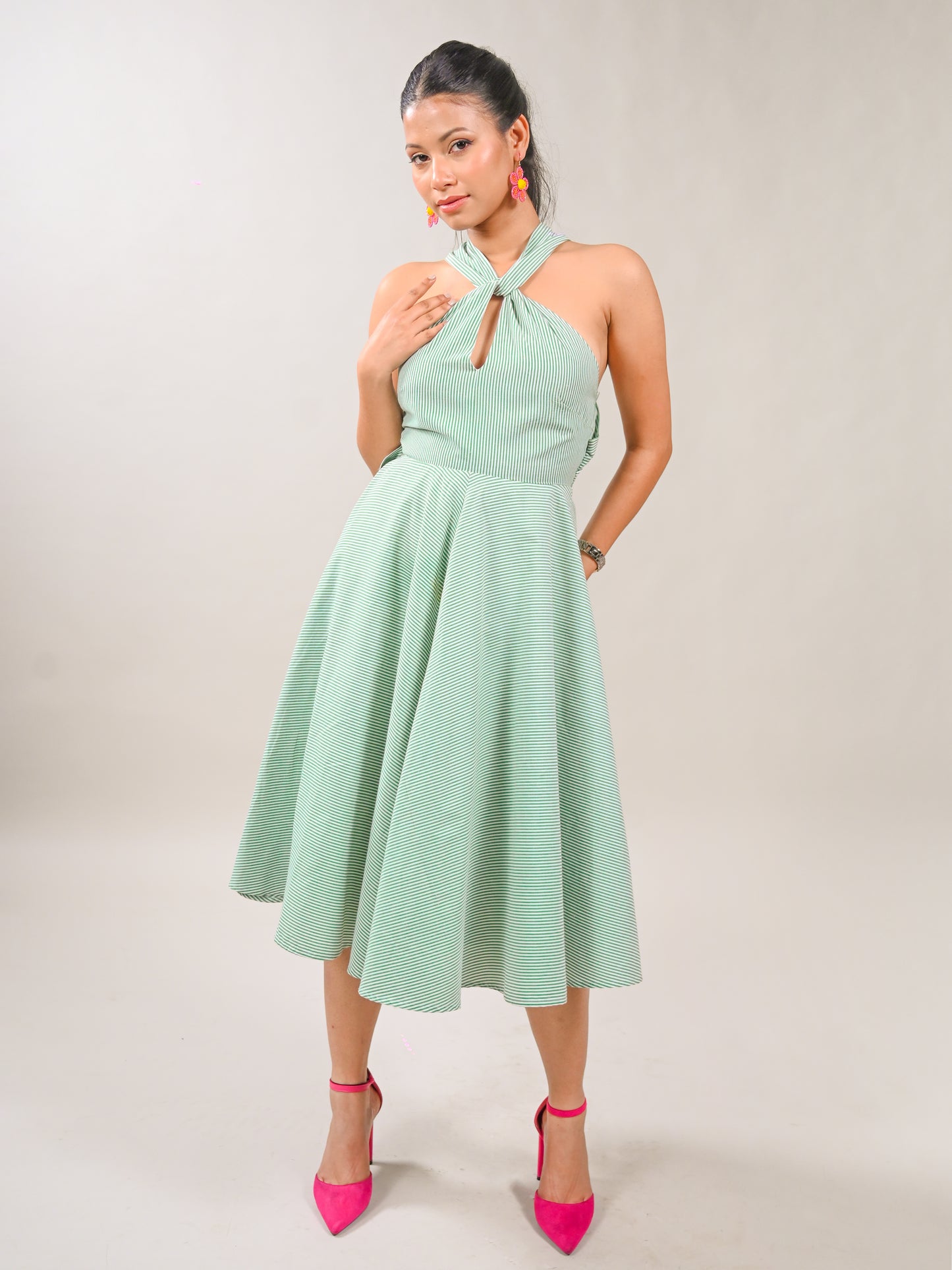 Twisted Halter Neck Flare Dress