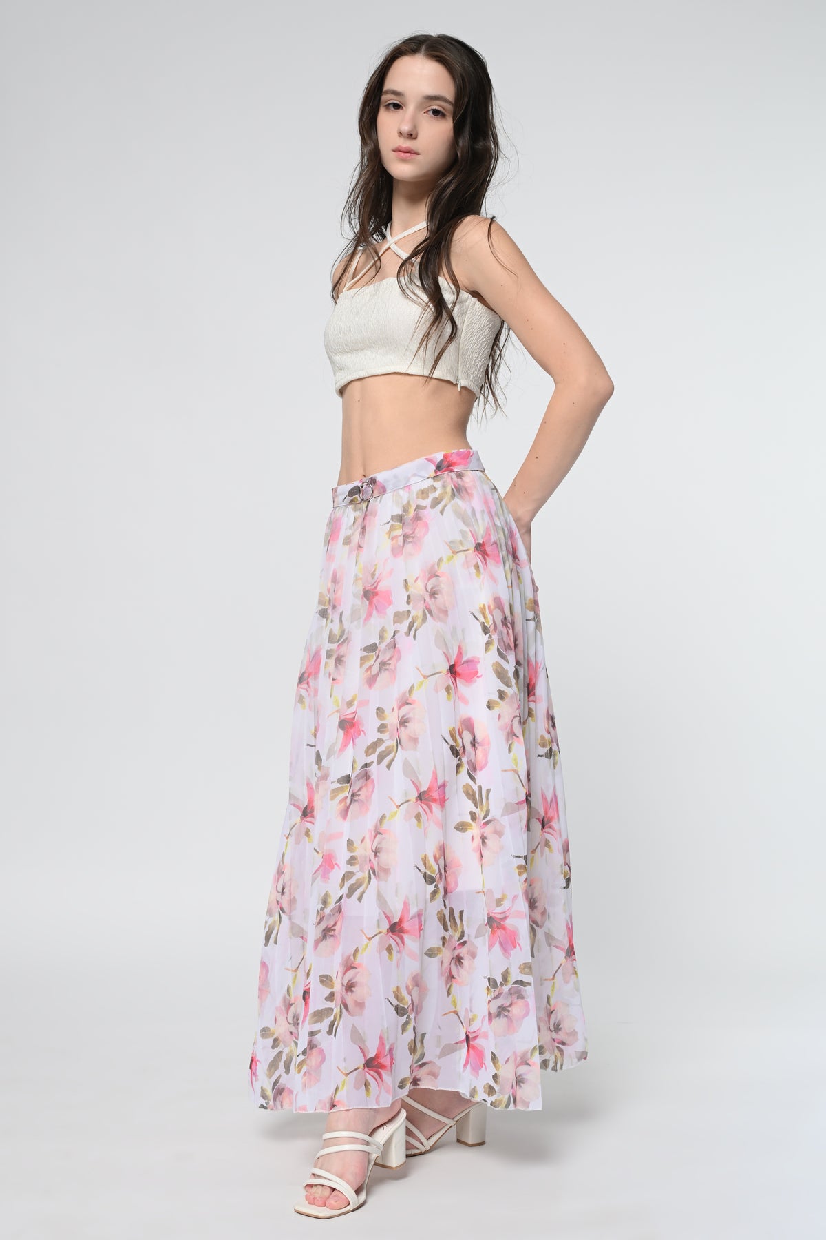 White Printed Plated Skirt