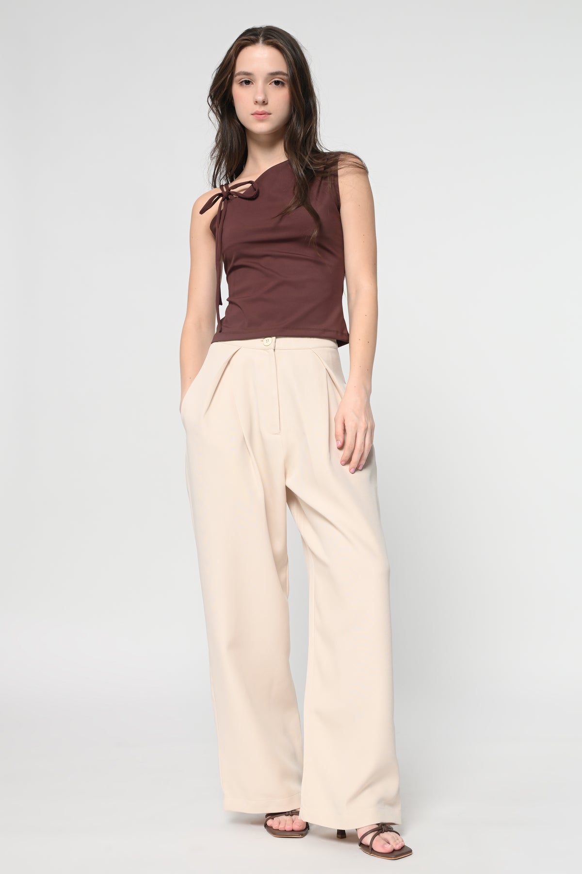 Brown One Shoulder Tie Top