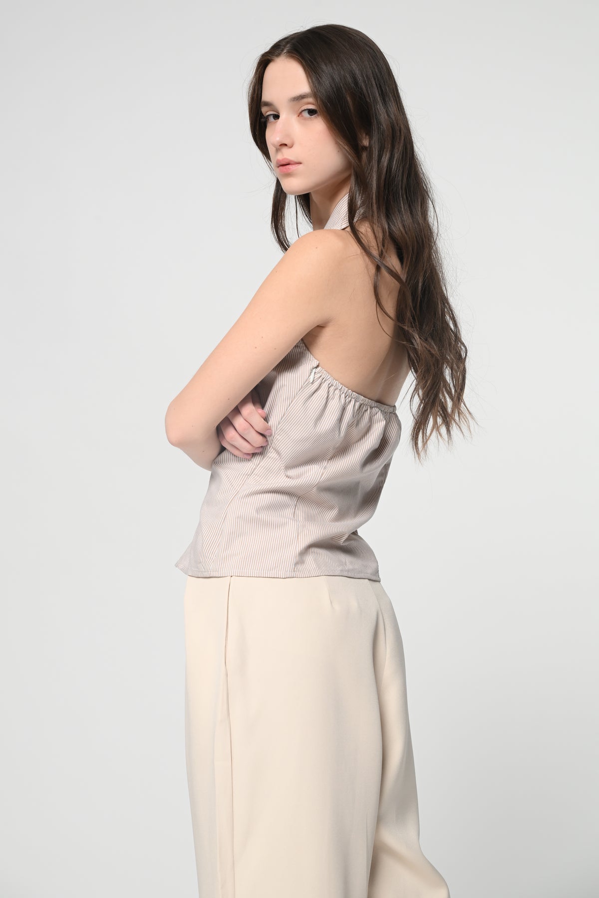 Nude Pinstripe Halter Neck Top