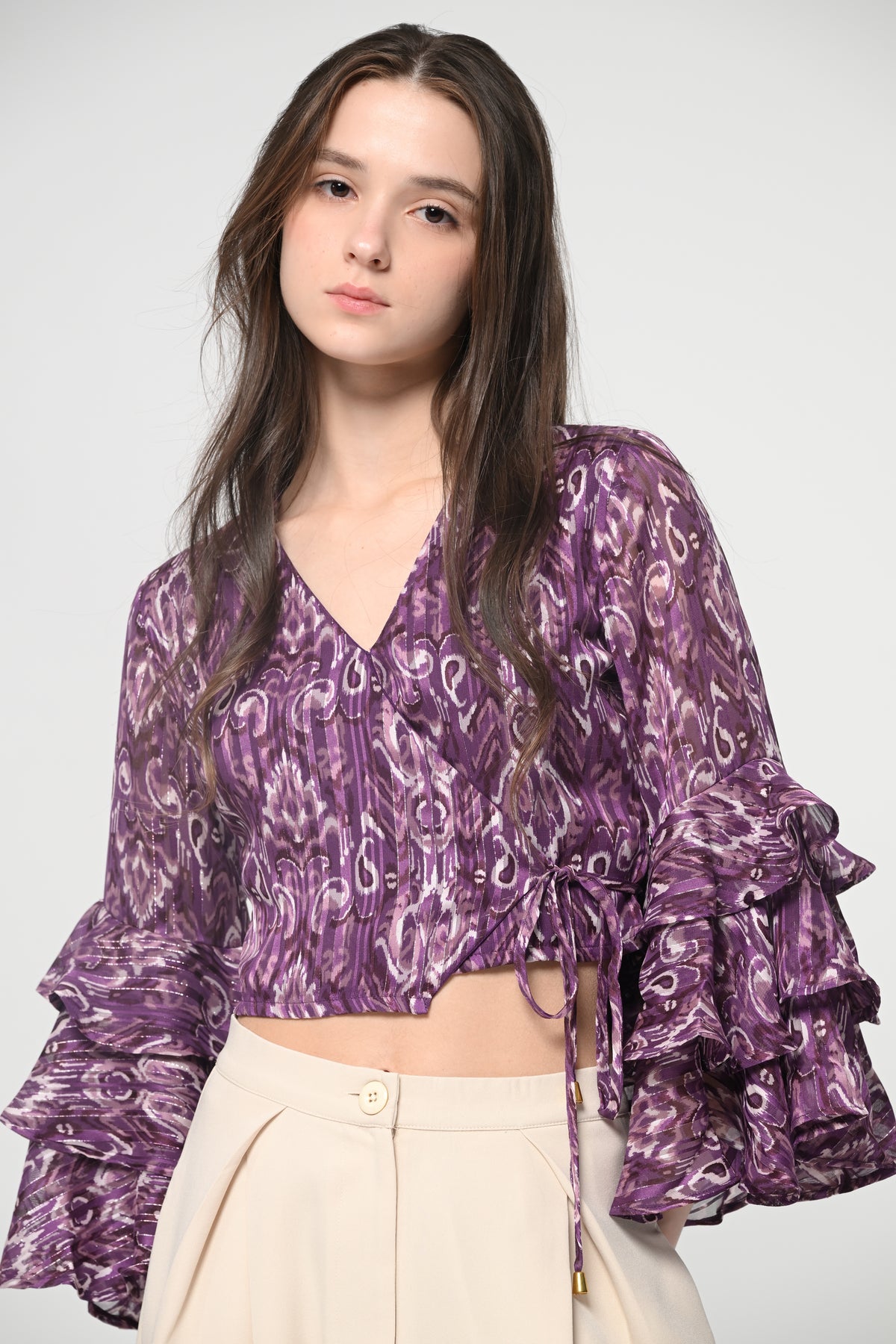 Purple Ikat Ruffle Sleeve Wrap Top