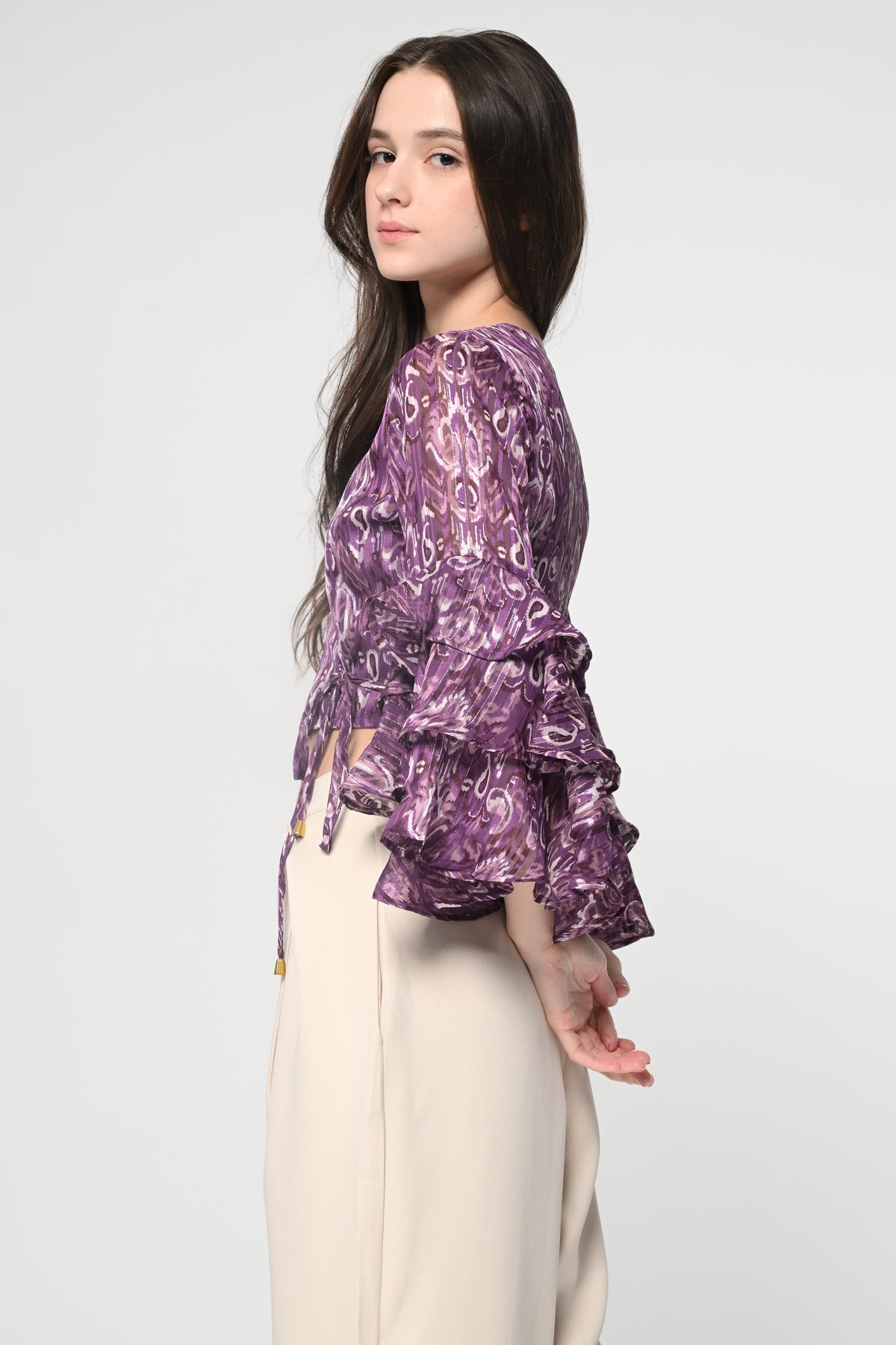 Purple Ikat Ruffle Sleeve Wrap Top