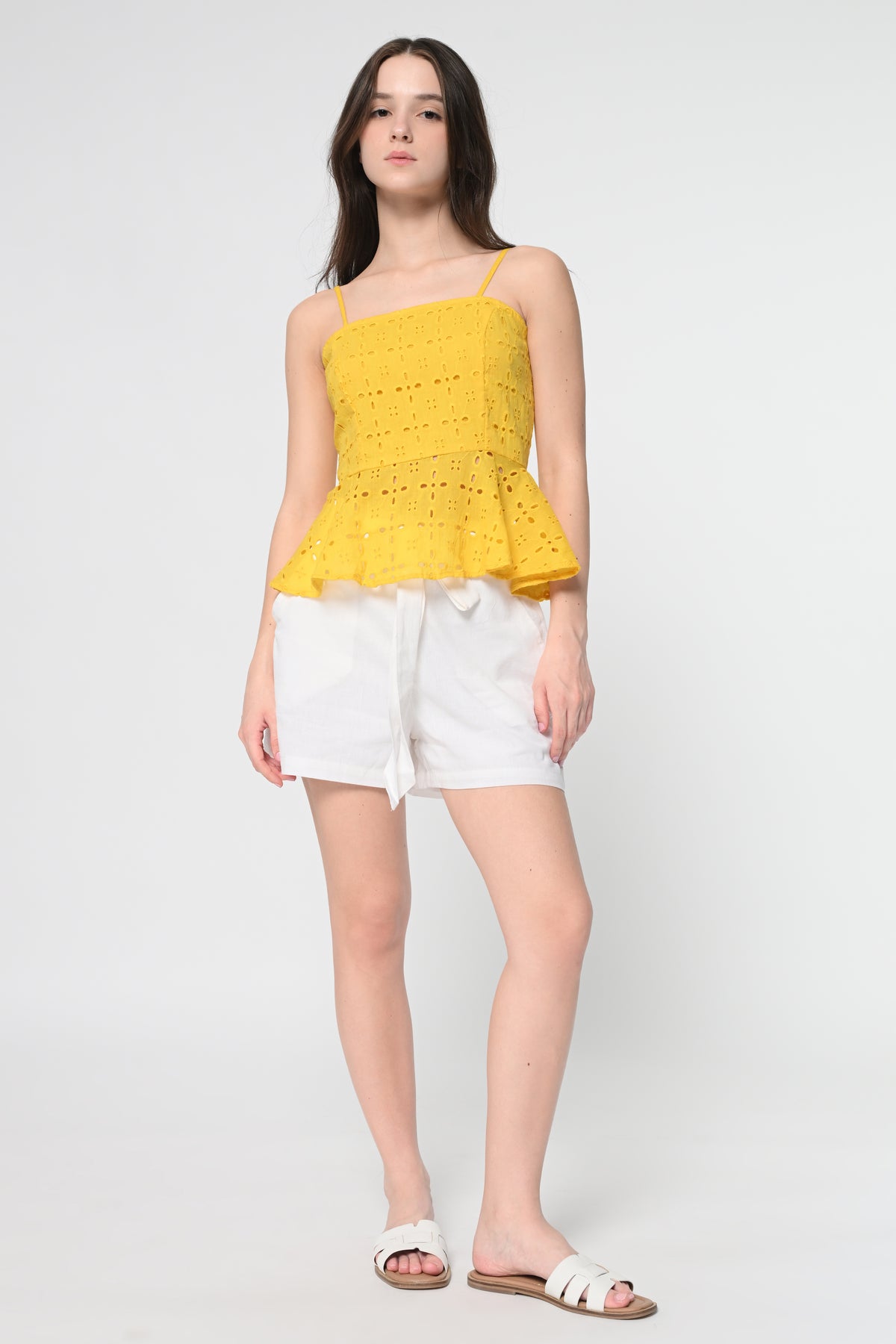 Yellow Schiffli Peplum Top