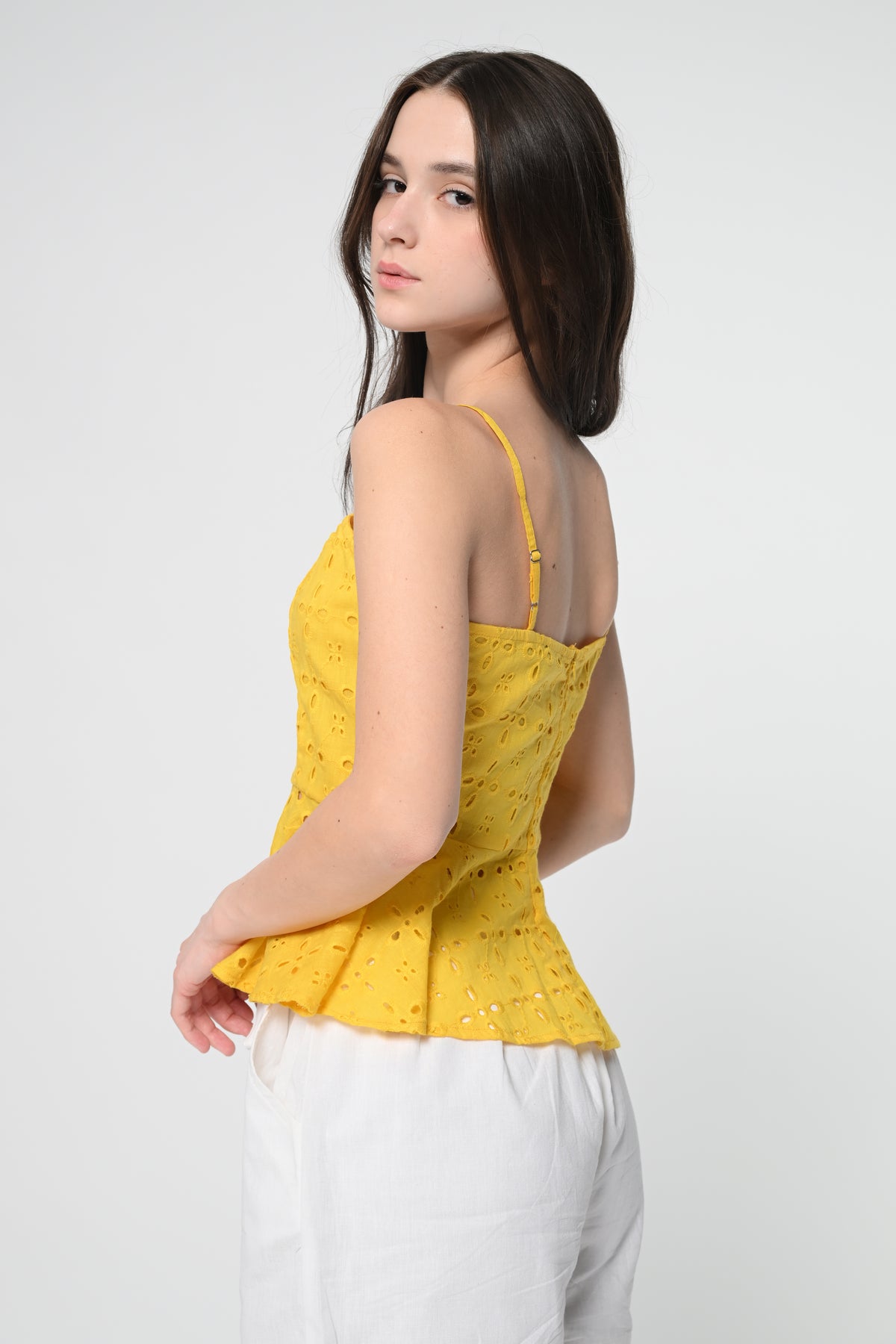 Yellow Schiffli Peplum Top