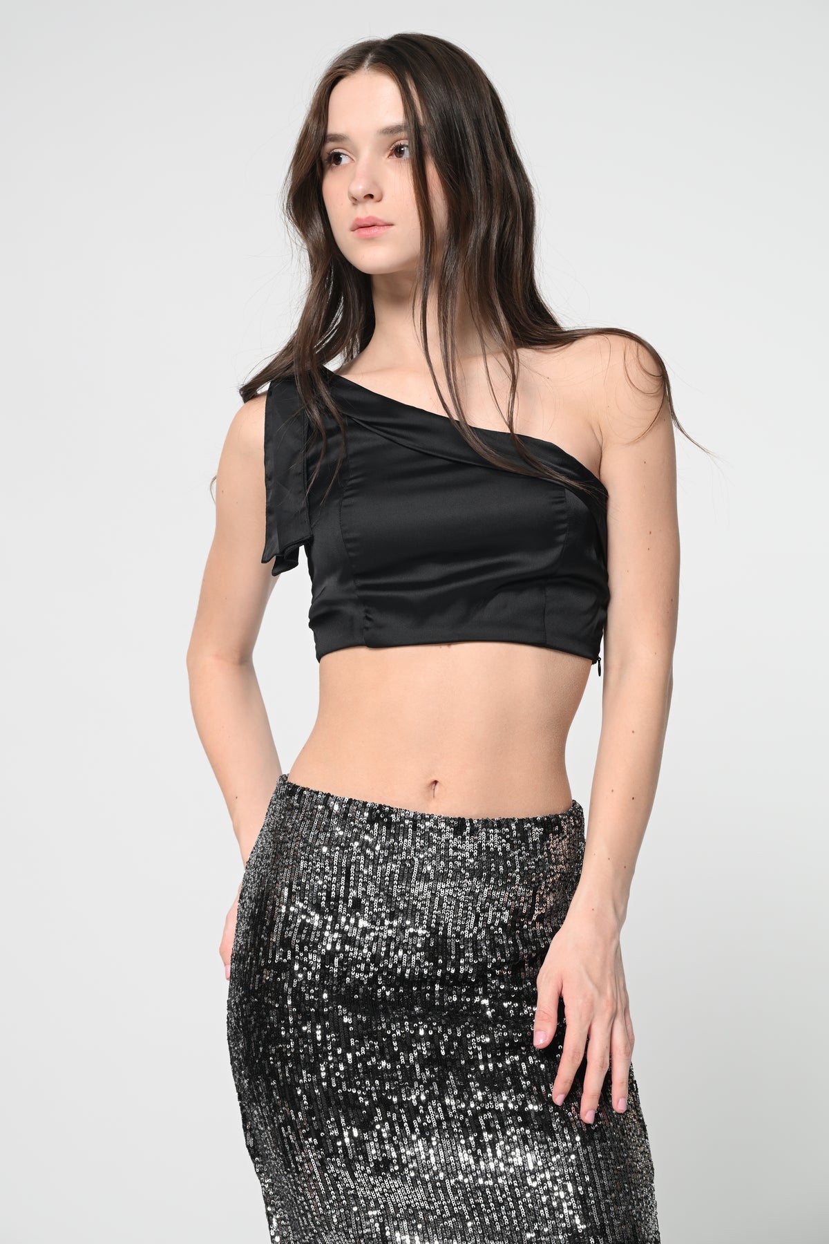 Black Satin One Shoulder Top