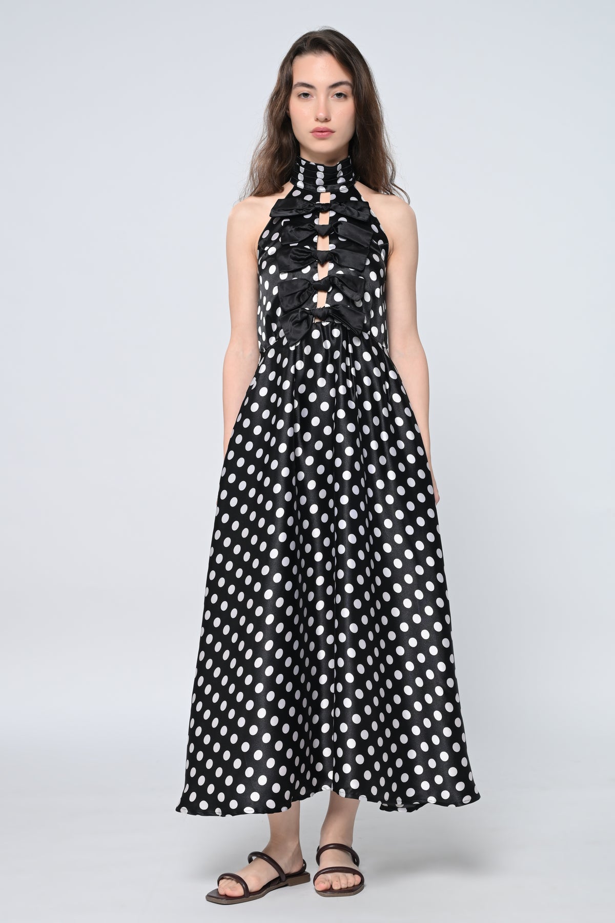 Polka Halter- Neck Bow Midi Dress