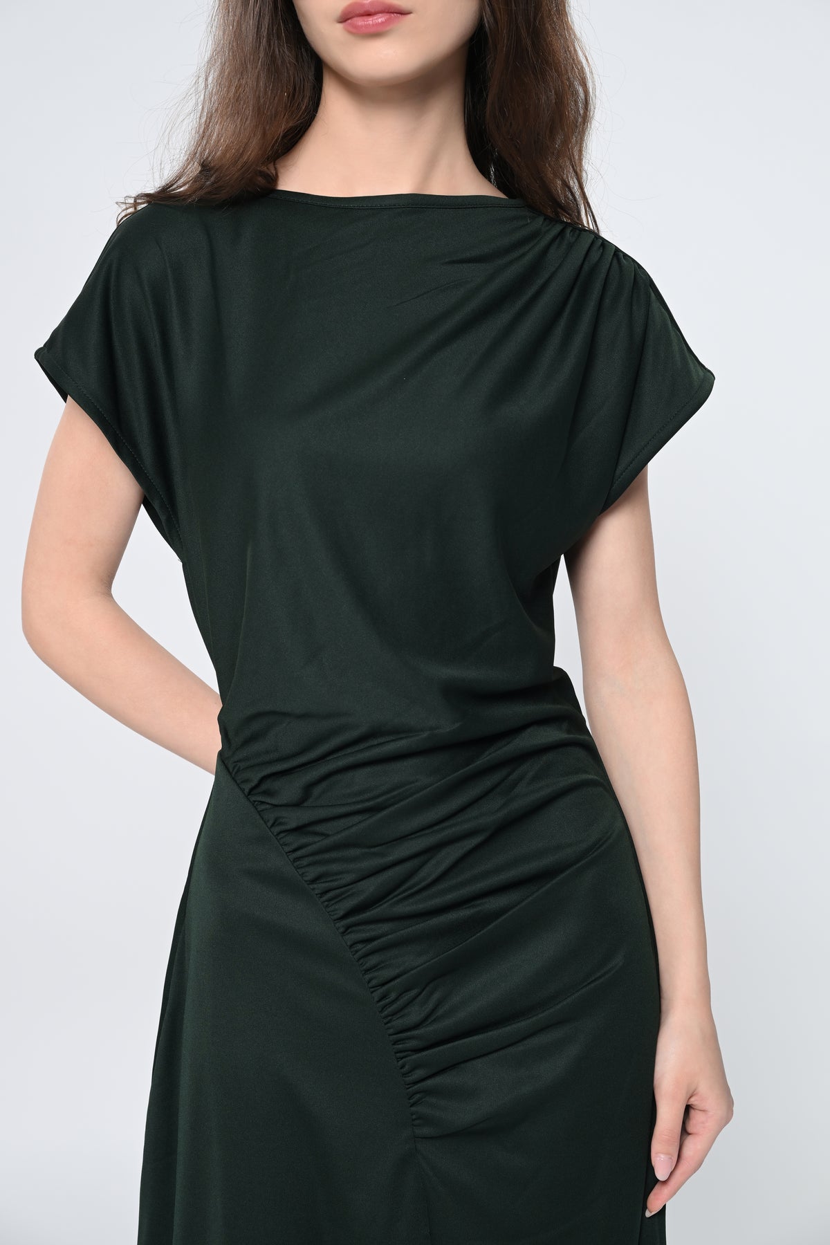 Midnight Green Ruched Midi Dress