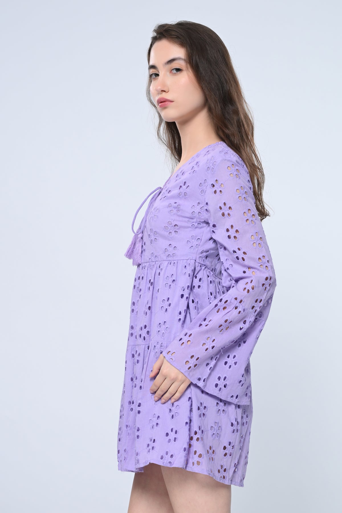 Lavender Schiffli Sleeve Mini Dress