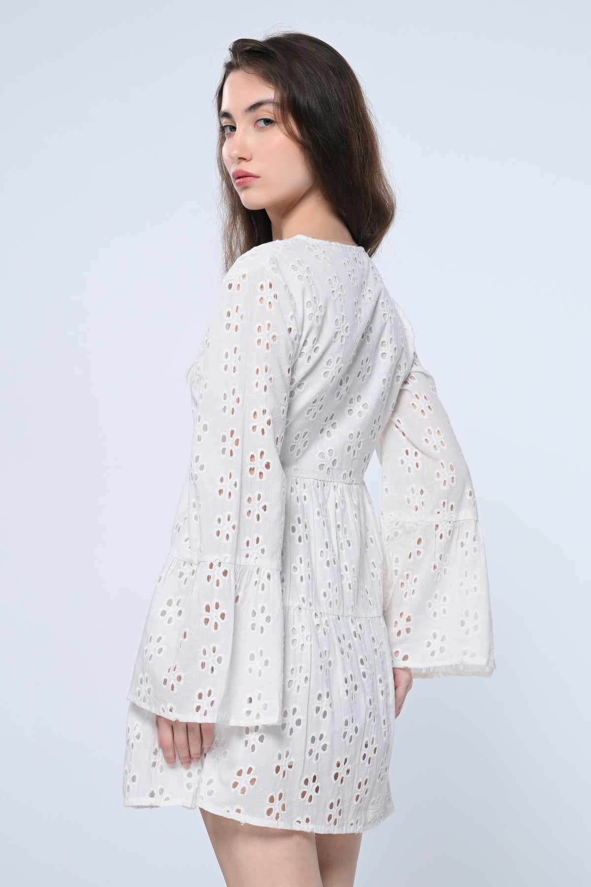 White Schiffli Sleeve Mini Dress