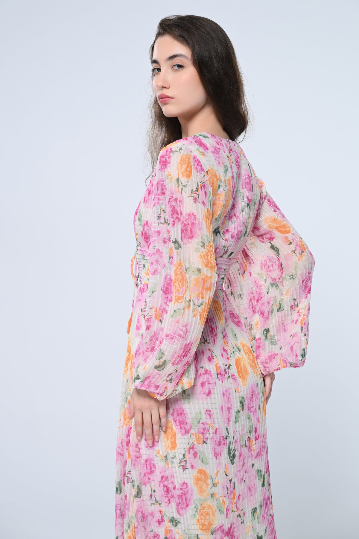 Floral Pleated Maxi Dress with Lace
