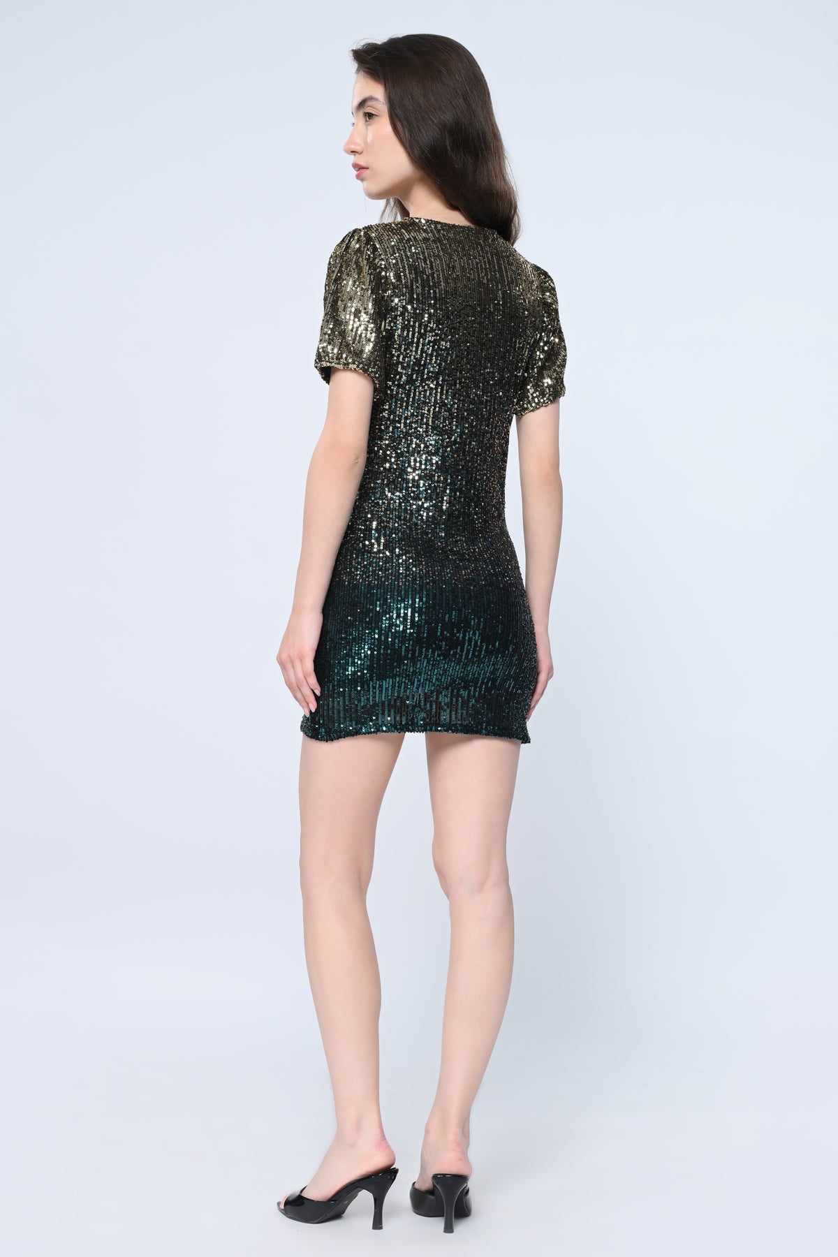 Green Sequins Puff Sleeve Mini Dress