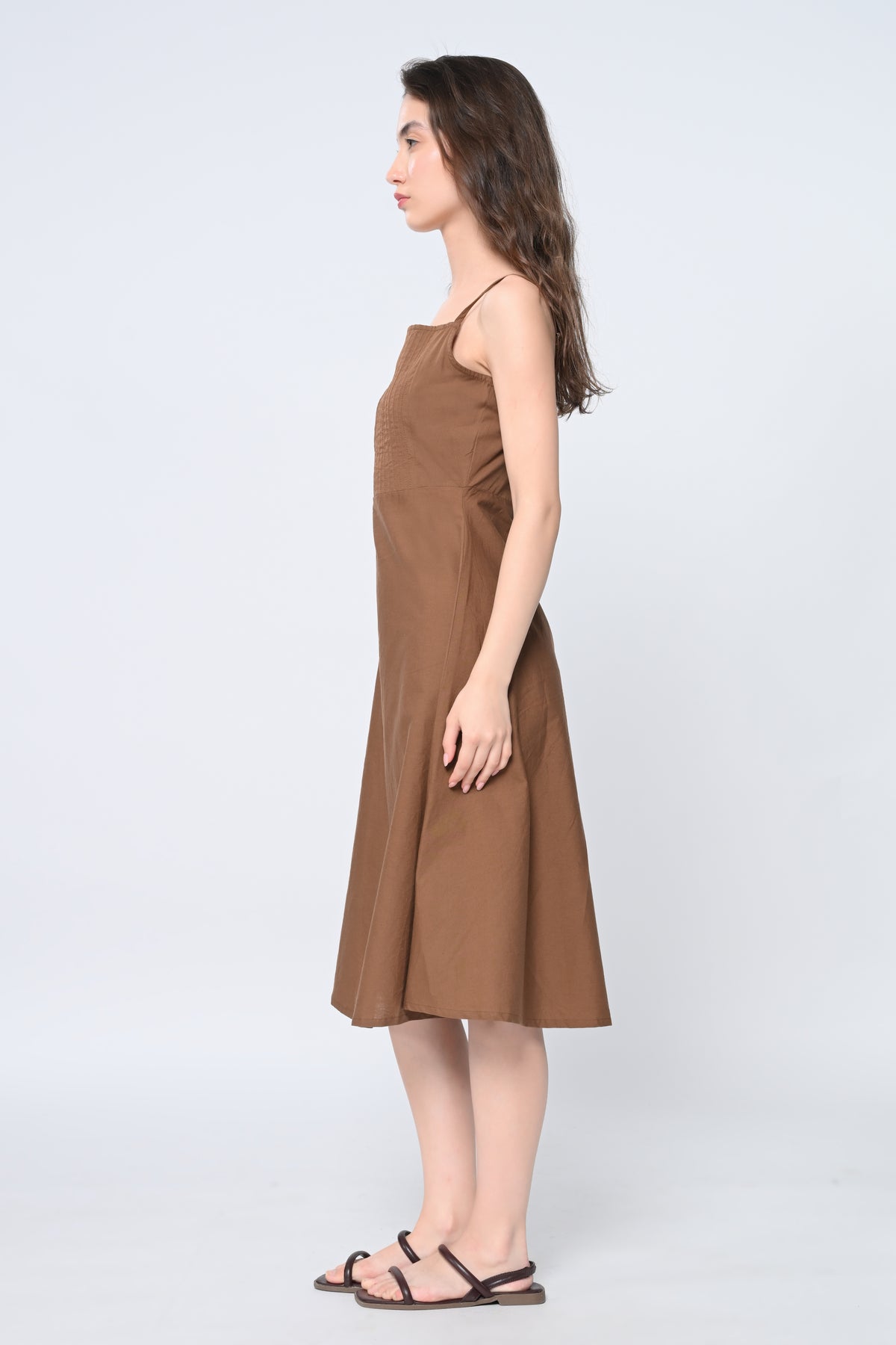 Brown Front Pleated Midi Dress