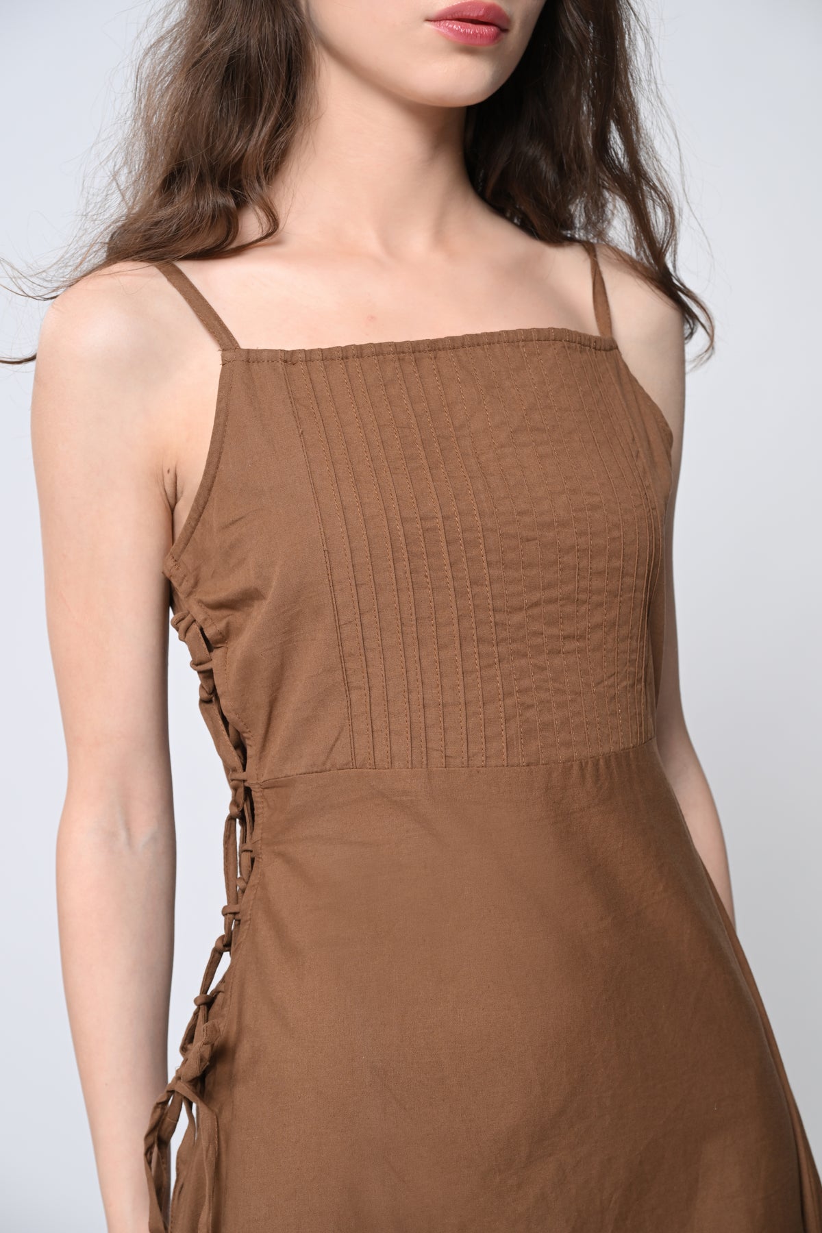 Brown Front Pleated Midi Dress