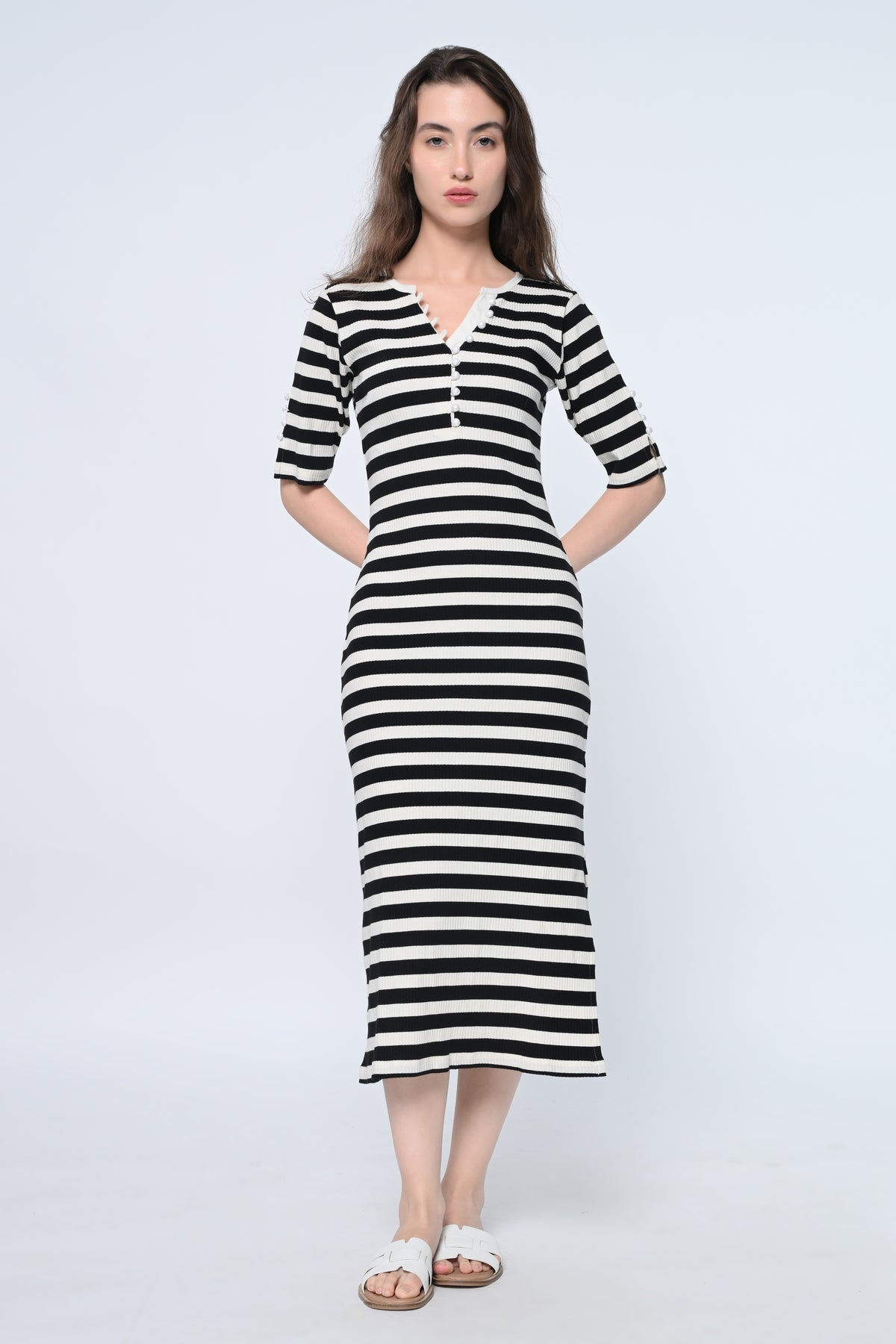 Stripe Pearl detail bodycon dress