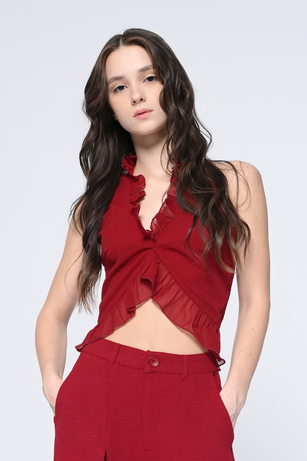 Maroon Halter Neck Crop Top